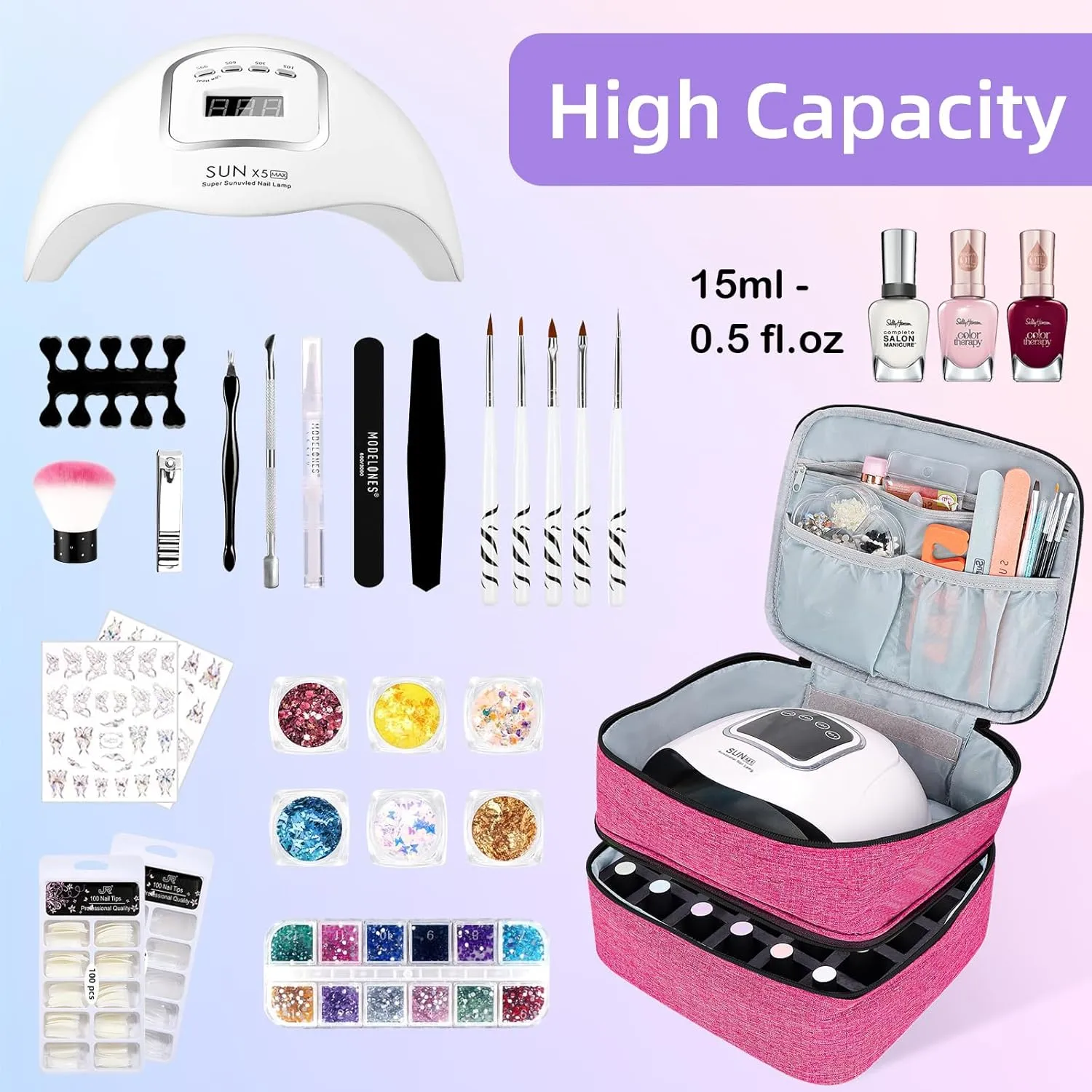 Nail Polish Organizer Double layer Nail Polish Case for Nail Dryer Lamp Holds 30 Bottles (15ml - 0.5 fl.oz) Portable Nail Storage Organizer for Nail Tech (Rose)