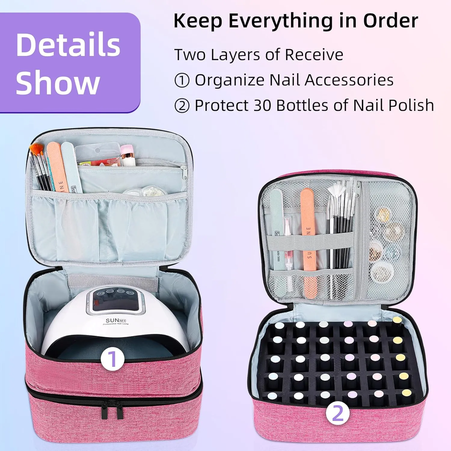 Nail Polish Organizer Double layer Nail Polish Case for Nail Dryer Lamp Holds 30 Bottles (15ml - 0.5 fl.oz) Portable Nail Storage Organizer for Nail Tech (Rose)