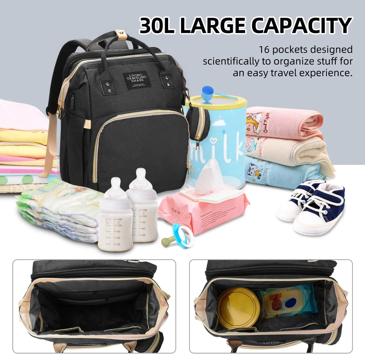 New Mummy Bag Multifunctional Large Capacity Folding Crib Mummy Bag Bed Fashion Mom Mother and Bag Factory Upgraded Black-