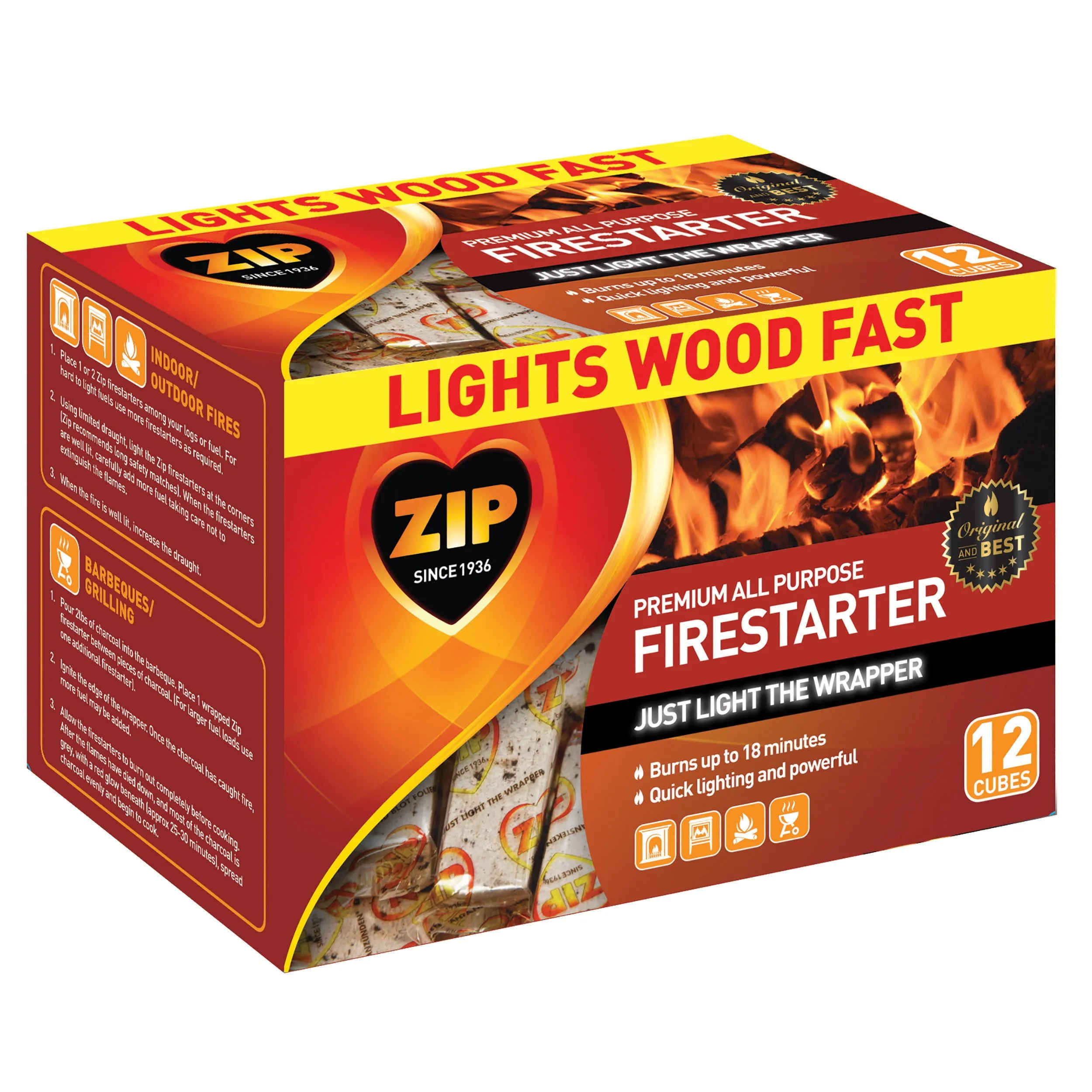 NEW Zip Firestarters 12 Pack Premium All Purpose Wrapped Fire Starters Free Ship