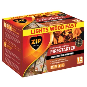 NEW Zip Firestarters 12 Pack Premium All Purpose Wrapped Fire Starters Free Ship