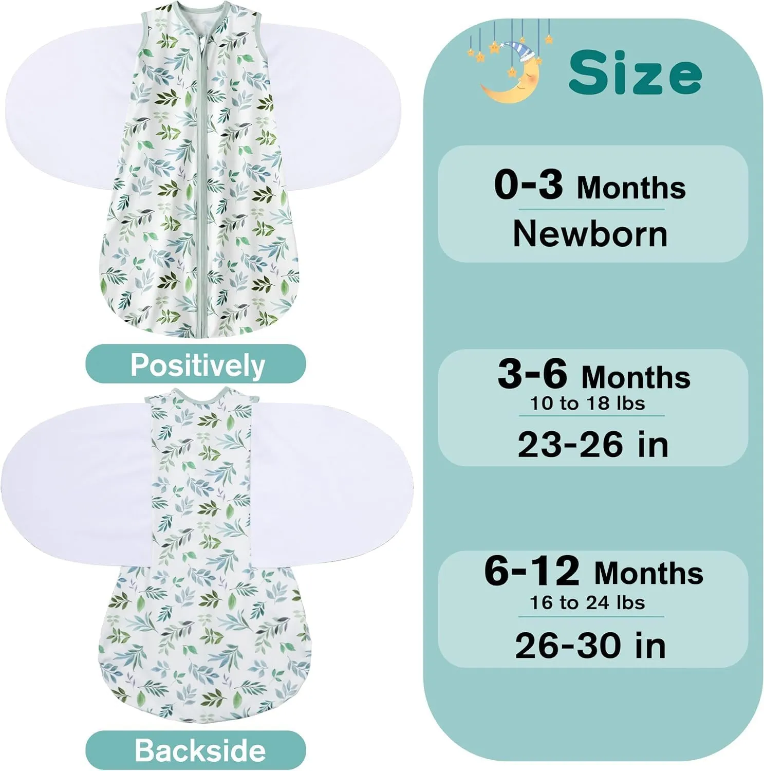 Newborn Sleep Sack Baby Swaddle,0-3 Months,3-Way Adjustable Wearable Blanket,100% Rayon Cotton Swaddling sleeping bag，TOG 0.5（Banana&Leaf）