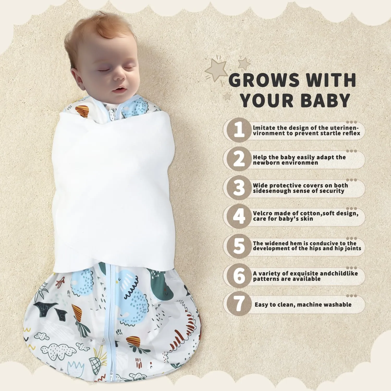 Newborn Sleep Sack Baby Swaddle,3-Way Adjustable Wearable Blanket,100% Rayon Cotton Swaddling sleeping bag. (Dinosaur&Hexagon, 0-3 Months)