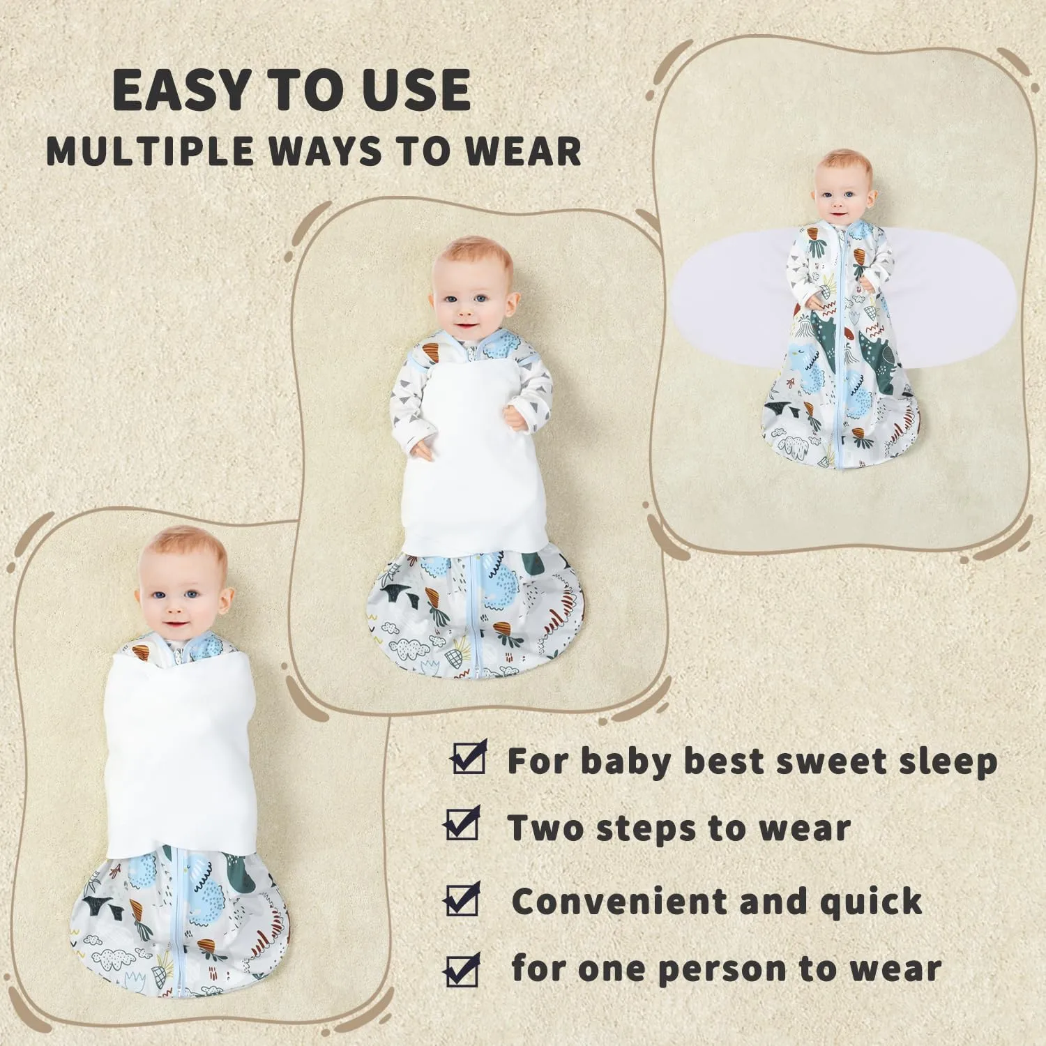 Newborn Sleep Sack Baby Swaddle,3-Way Adjustable Wearable Blanket,100% Rayon Cotton Swaddling sleeping bag. (Dinosaur&Hexagon, 0-3 Months)