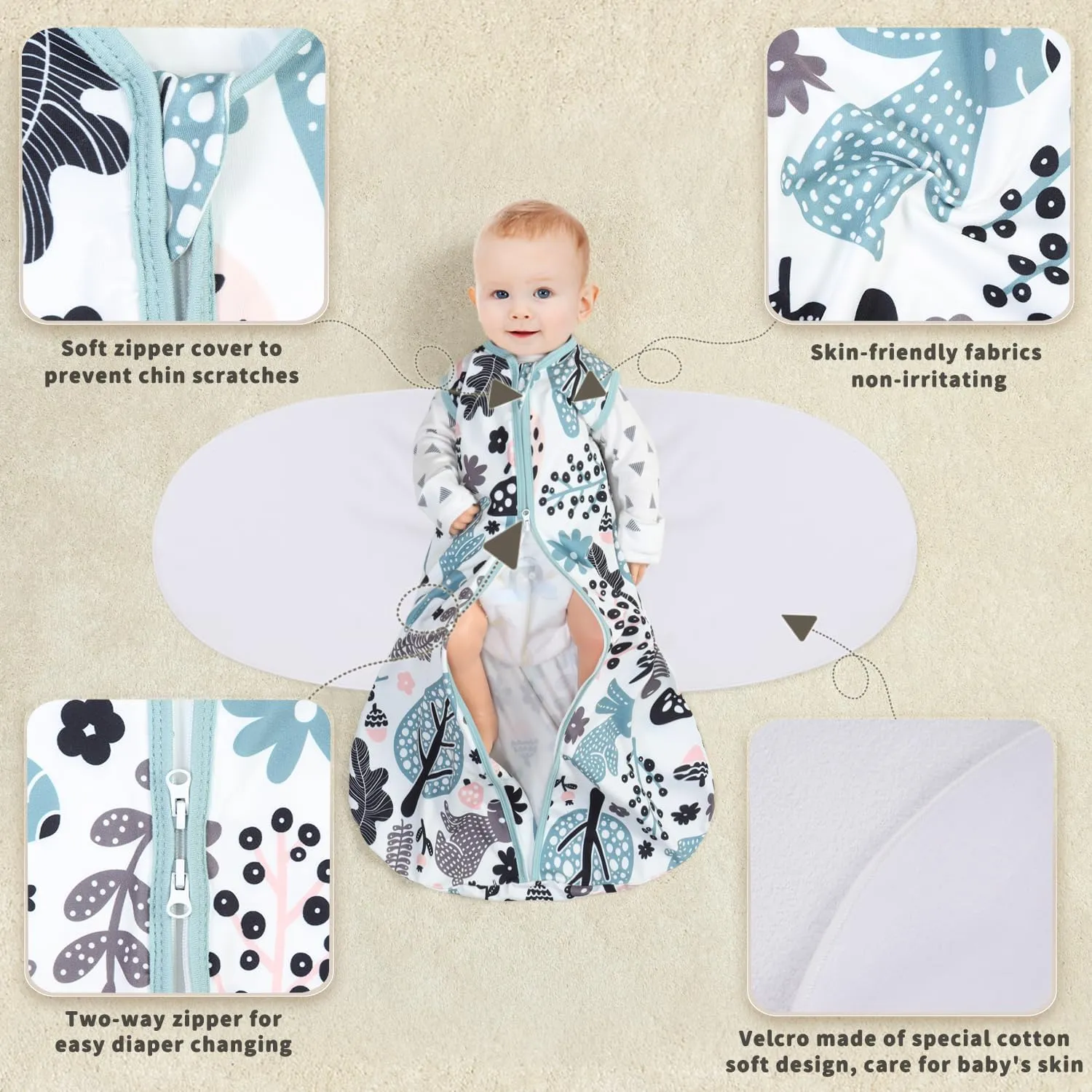 Newborn Sleep Sack Baby Swaddle,3-Way Adjustable Wearable Blanket,100% Rayon Cotton Swaddling sleeping bag. (Rabbit&Rocks, 3-6 Months)