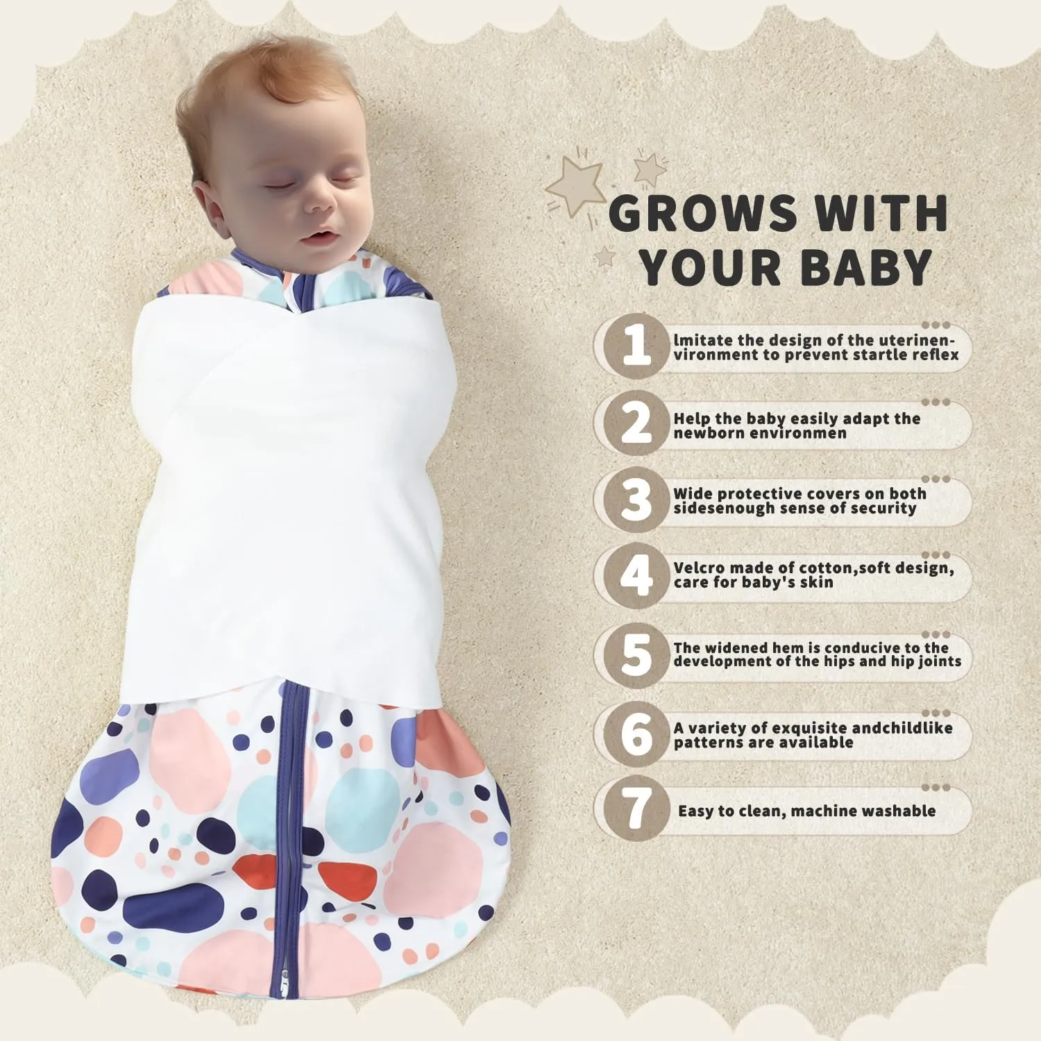 Newborn Sleep Sack Baby Swaddle,3-Way Adjustable Wearable Blanket,100% Rayon Cotton Swaddling sleeping bag. (Rabbit&Rocks, 3-6 Months)