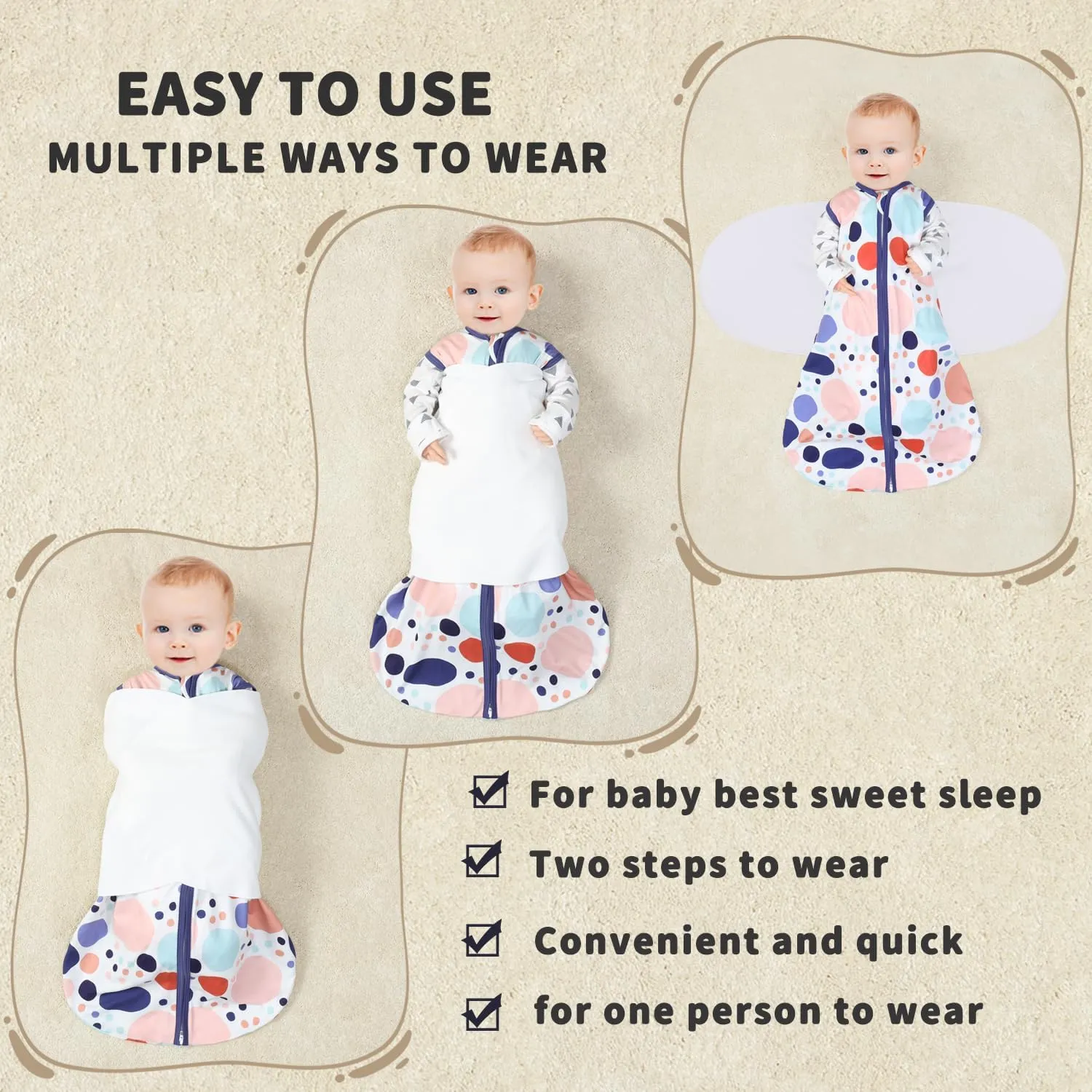 Newborn Sleep Sack Baby Swaddle,3-Way Adjustable Wearable Blanket,100% Rayon Cotton Swaddling sleeping bag. (Rabbit&Rocks, 3-6 Months)