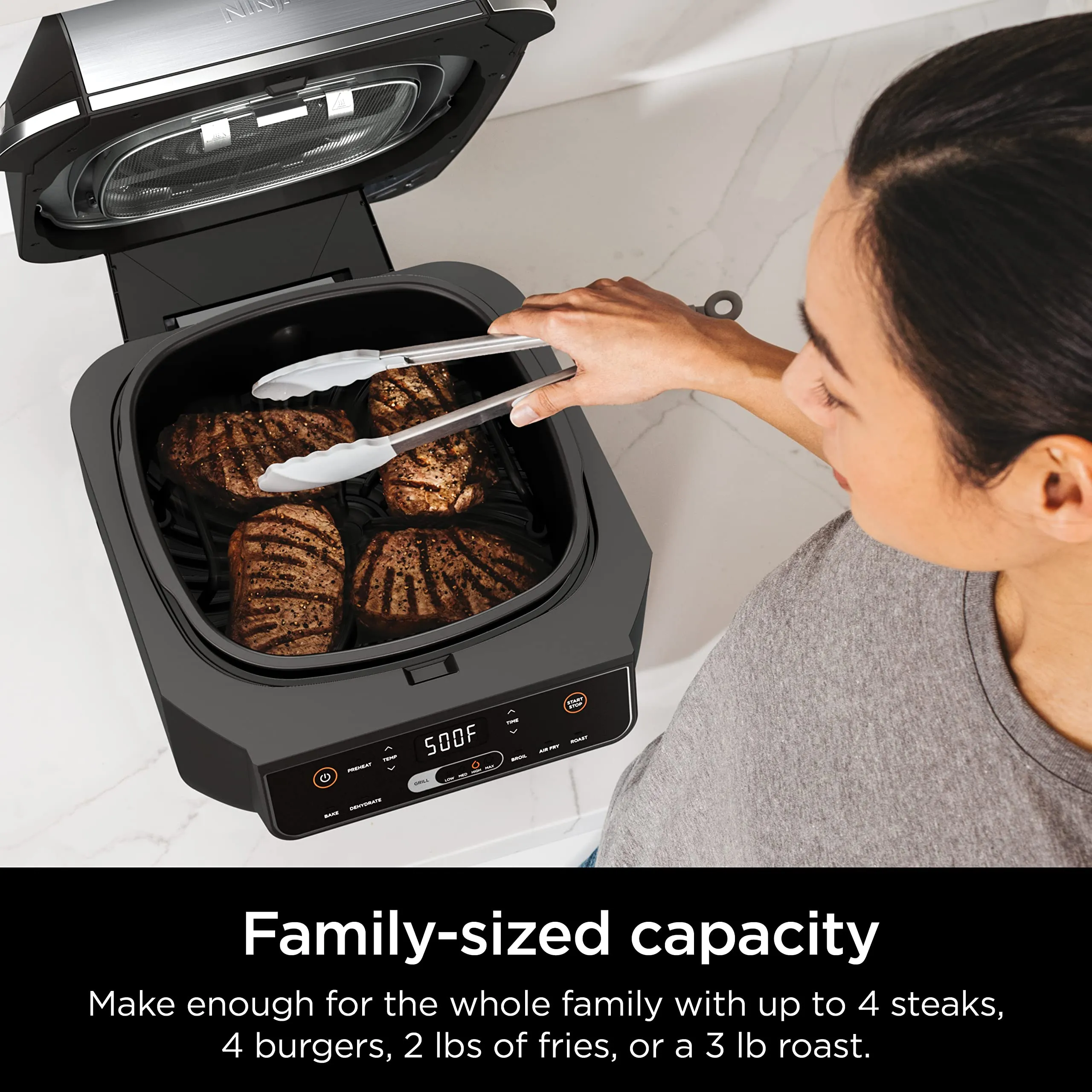 Ninja EG201 Foodi 6-in-1 Indoor Grill with Air Fry, Roast, Bake, Broil, &amp; Dehydrate, 2nd Generation, Dishwasher Safe, Black/Silver