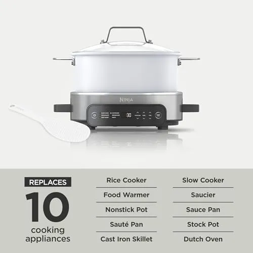 Ninja Foodi PossibleCooker PRO 6.5Qt Multicooker 8 in 1 Slow Cooker, Dutch Oven, Steam Bake Roast Sear Sauté Bread Maker Warmer, Glass Lid, Integrated Spoon, Nonstick (WHITE)