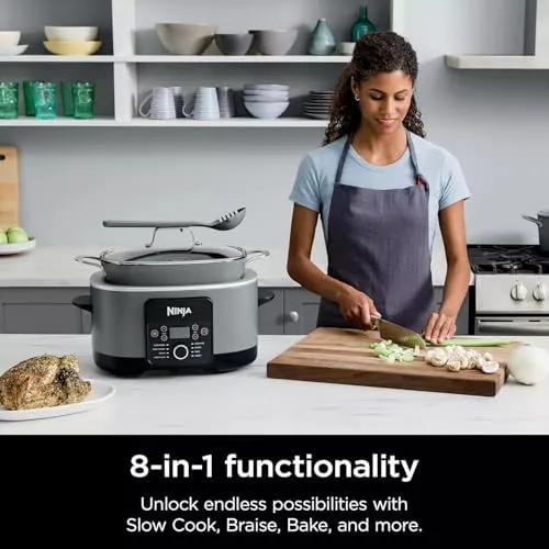 Ninja MC1001H Foodi PossibleCooker PRO 8.5 Quart Multi-Cooker, 8-in-1 Slow Cooker, Pressure Cooker, Dutch Oven & More, Glass Lid & Integrated Spoon, Nonstick, Oven Safe to 500°F, White (Renewed)