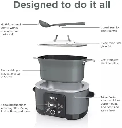 Ninja MC1001H Foodi PossibleCooker PRO 8.5 Quart Multi-Cooker, 8-in-1 Slow Cooker, Pressure Cooker, Dutch Oven & More, Glass Lid & Integrated Spoon, Nonstick, Oven Safe to 500°F, White (Renewed)
