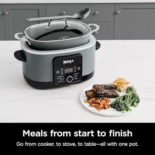 Ninja MC1001H Foodi PossibleCooker PRO 8.5 Quart Multi-Cooker, 8-in-1 Slow Cooker, Pressure Cooker, Dutch Oven & More, Glass Lid & Integrated Spoon, Nonstick, Oven Safe to 500°F, White (Renewed)