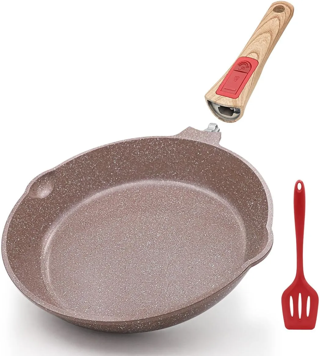 Nonstick Ceramic Deep Frying Pan, 11 Inch Healthy Frying Pan Skillet with Removable Handle, Oven& Dishwasher Safe, PFAS PFOA & PTFE Free (Brown)