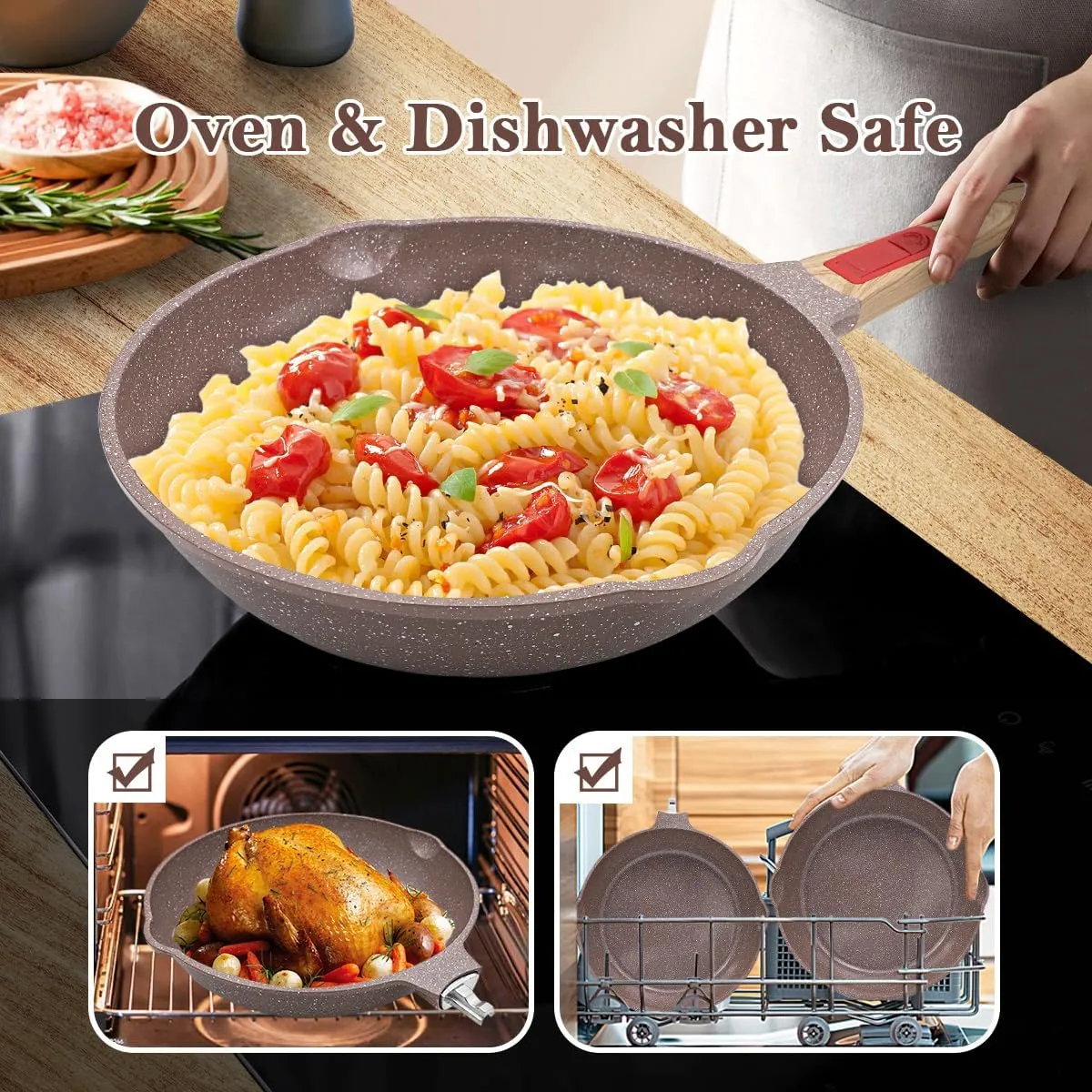 Nonstick Ceramic Deep Frying Pan, 11 Inch Healthy Frying Pan Skillet with Removable Handle, Oven& Dishwasher Safe, PFAS PFOA & PTFE Free (Brown)