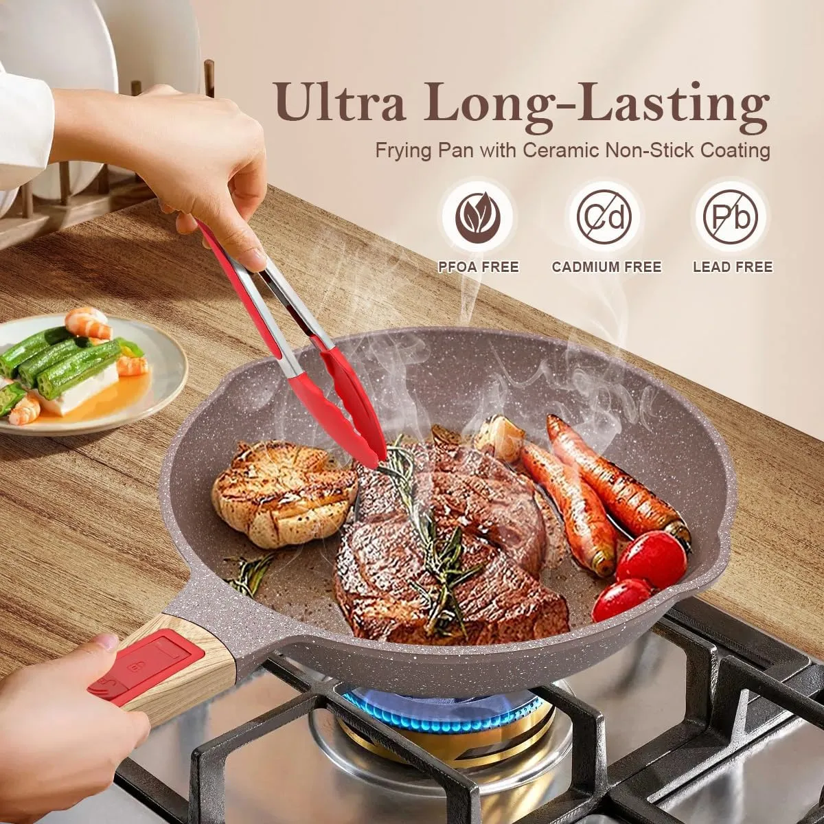 Nonstick Ceramic Deep Frying Pan, 11 Inch Healthy Frying Pan Skillet with Removable Handle, Oven& Dishwasher Safe, PFAS PFOA & PTFE Free (Brown)