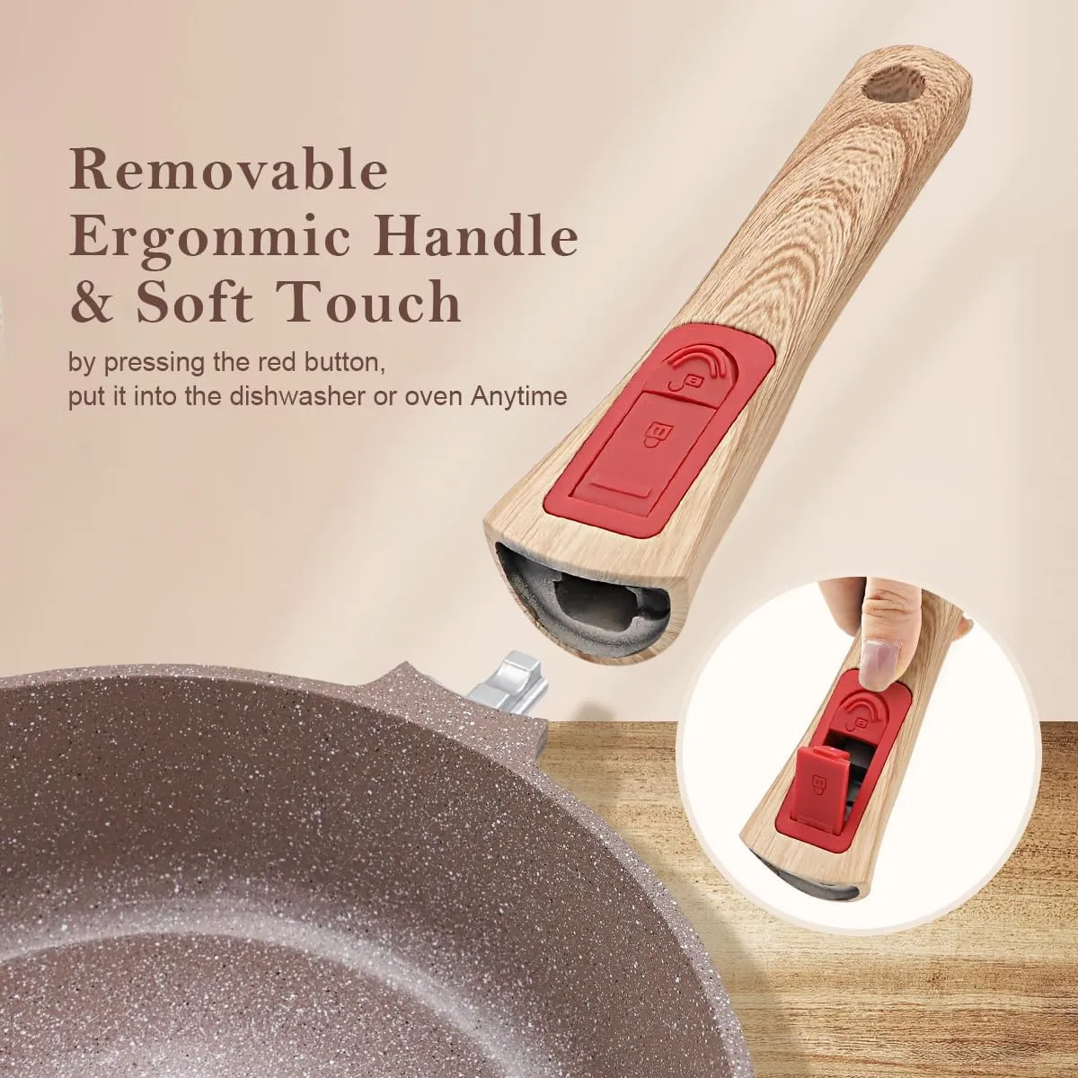 Nonstick Ceramic Deep Frying Pan, 11 Inch Healthy Frying Pan Skillet with Removable Handle, Oven& Dishwasher Safe, PFAS PFOA & PTFE Free (Brown)