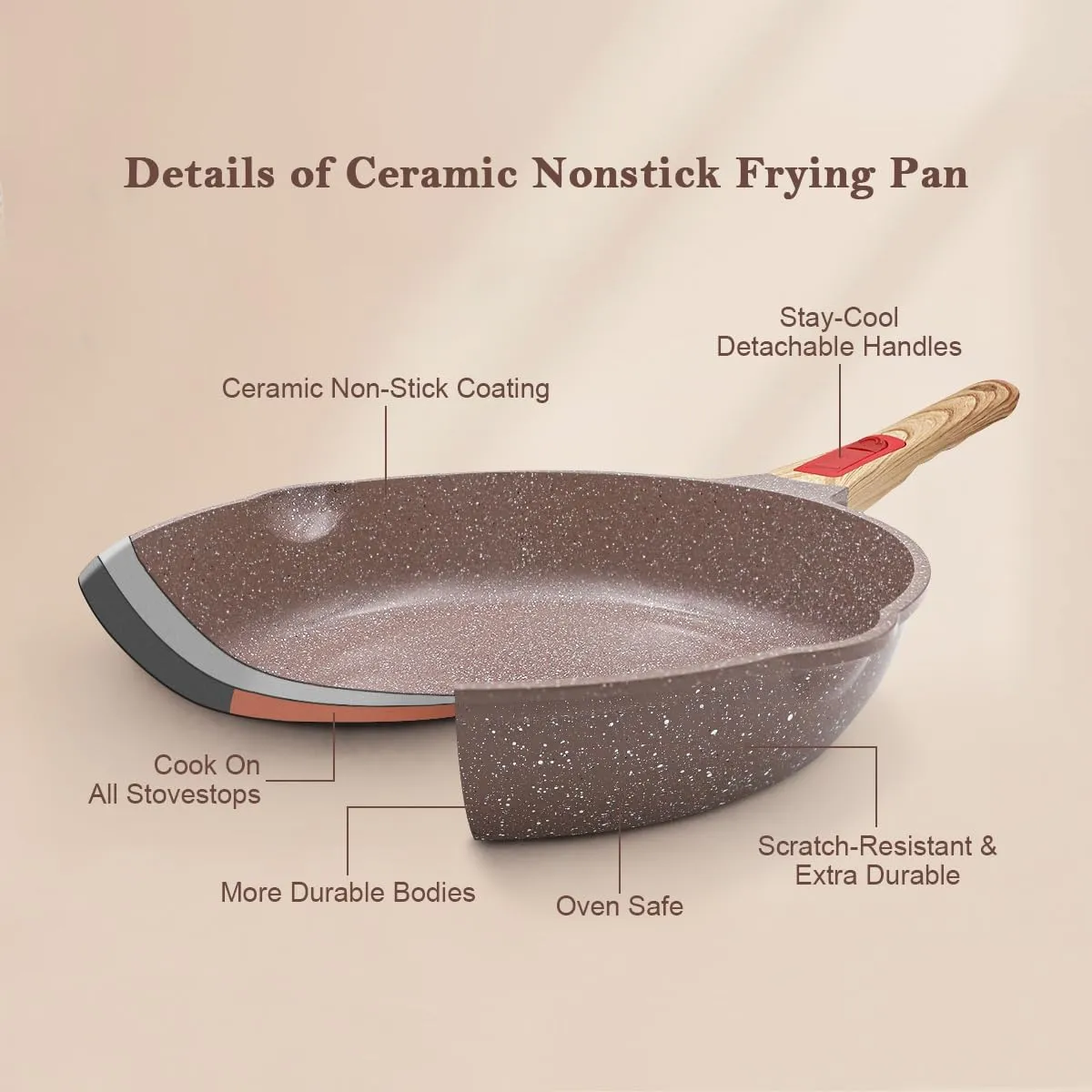 Nonstick Ceramic Deep Frying Pan, 11 Inch Healthy Frying Pan Skillet with Removable Handle, Oven& Dishwasher Safe, PFAS PFOA & PTFE Free (Brown)