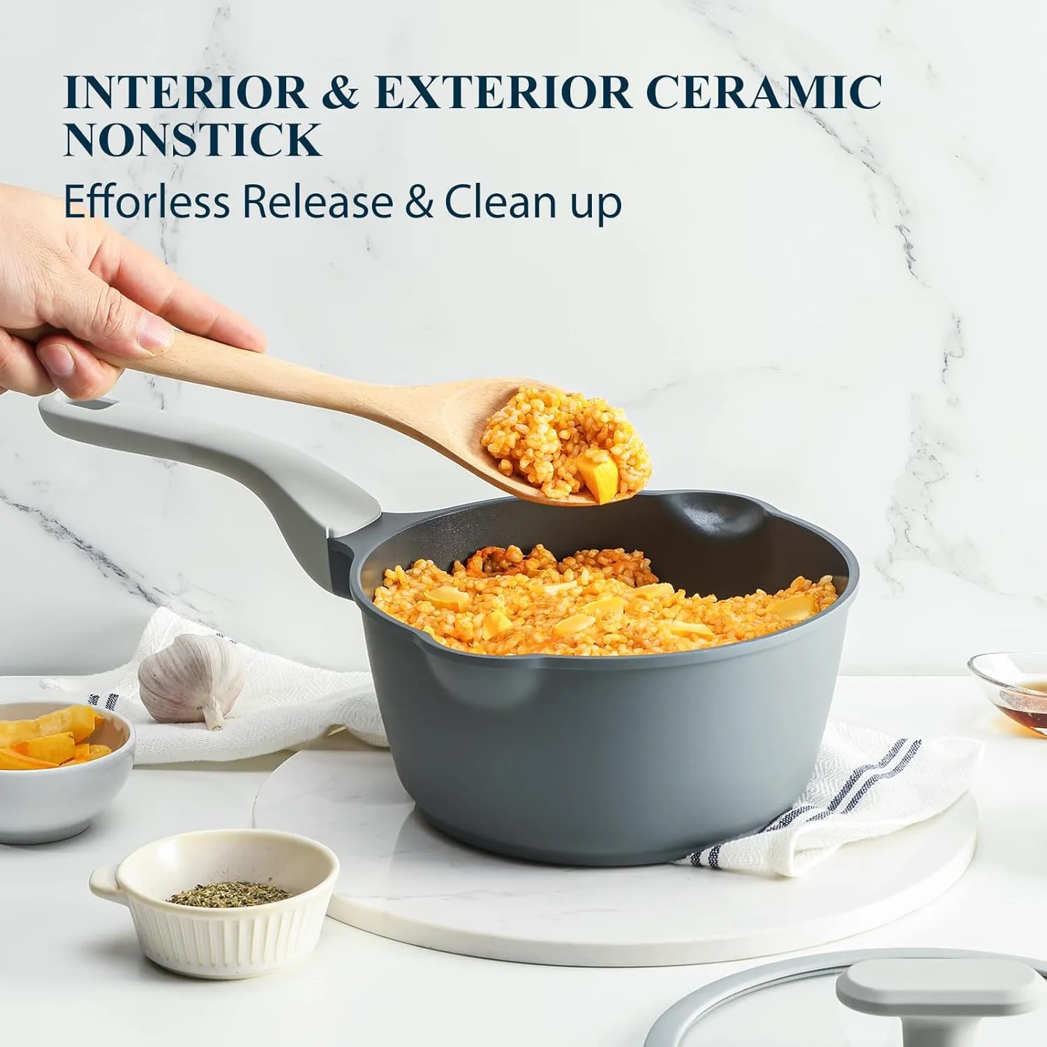 Nonstick Saucepan with Lid, 2.7 Quart Ceramic Sauce Pan, Non Toxic Sauce Pot with Pour Spouts for Multipurpose Use, PTFE, PFOA & PFAS Free, Induction Compatible.