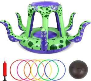 Octopus Pool Toys, Floating Basketball Hoop Pool Ring Toss Game Set, 2-in-1 Inflatable Swimming Basketball Hoop with Ball, Water Play Toy for Kids, Teens, Adults and Family