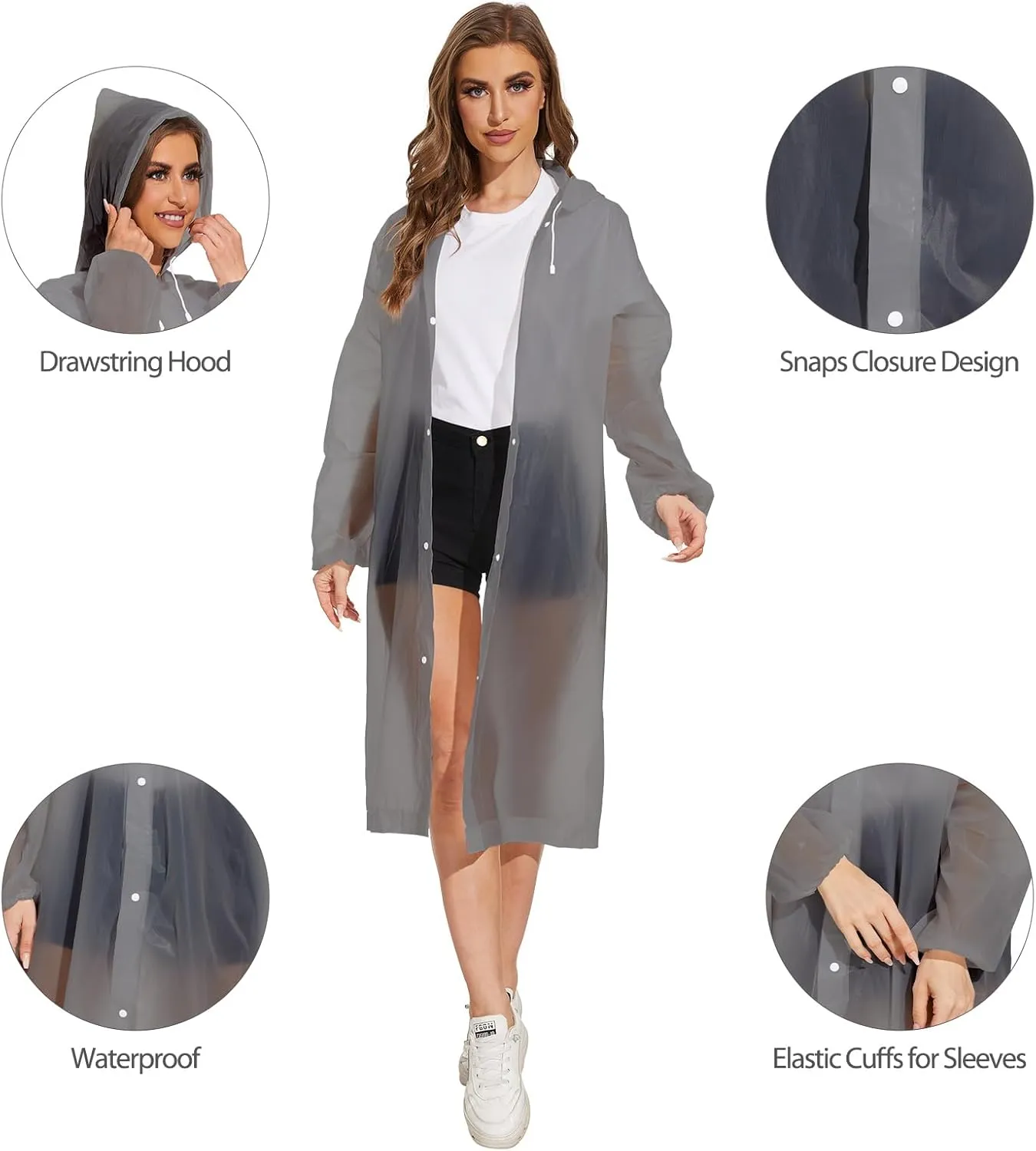 OFFITECTURE 2-Pack Reusable Rain Ponchos for Adults - Hooded Raincoats for Women/Men with Drawstring