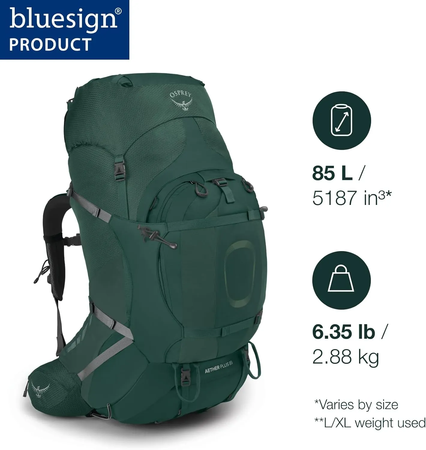 Osprey Aether Plus 85L Men's Backpacking Backpack, Axo Green, S/M