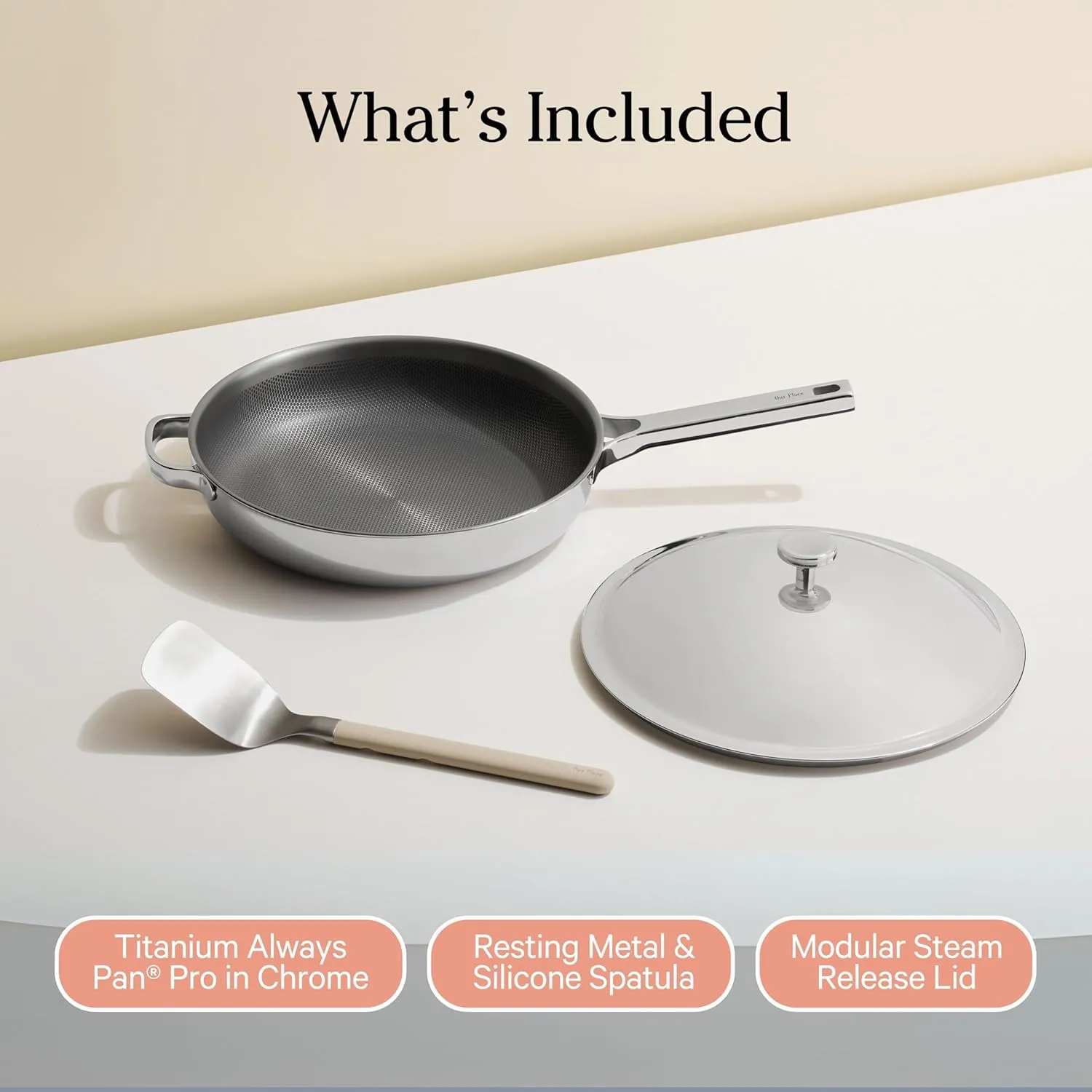 Our Place Titanium Large Always Pan Pro - 12.5” (4.2 Qt) No-Coating Nonstick Skillet | Tri-Ply Titanium & Stainless Steel | Safe for Oven, Induction & Cooktops up to 1000°F | Includes Spatula | Chrome