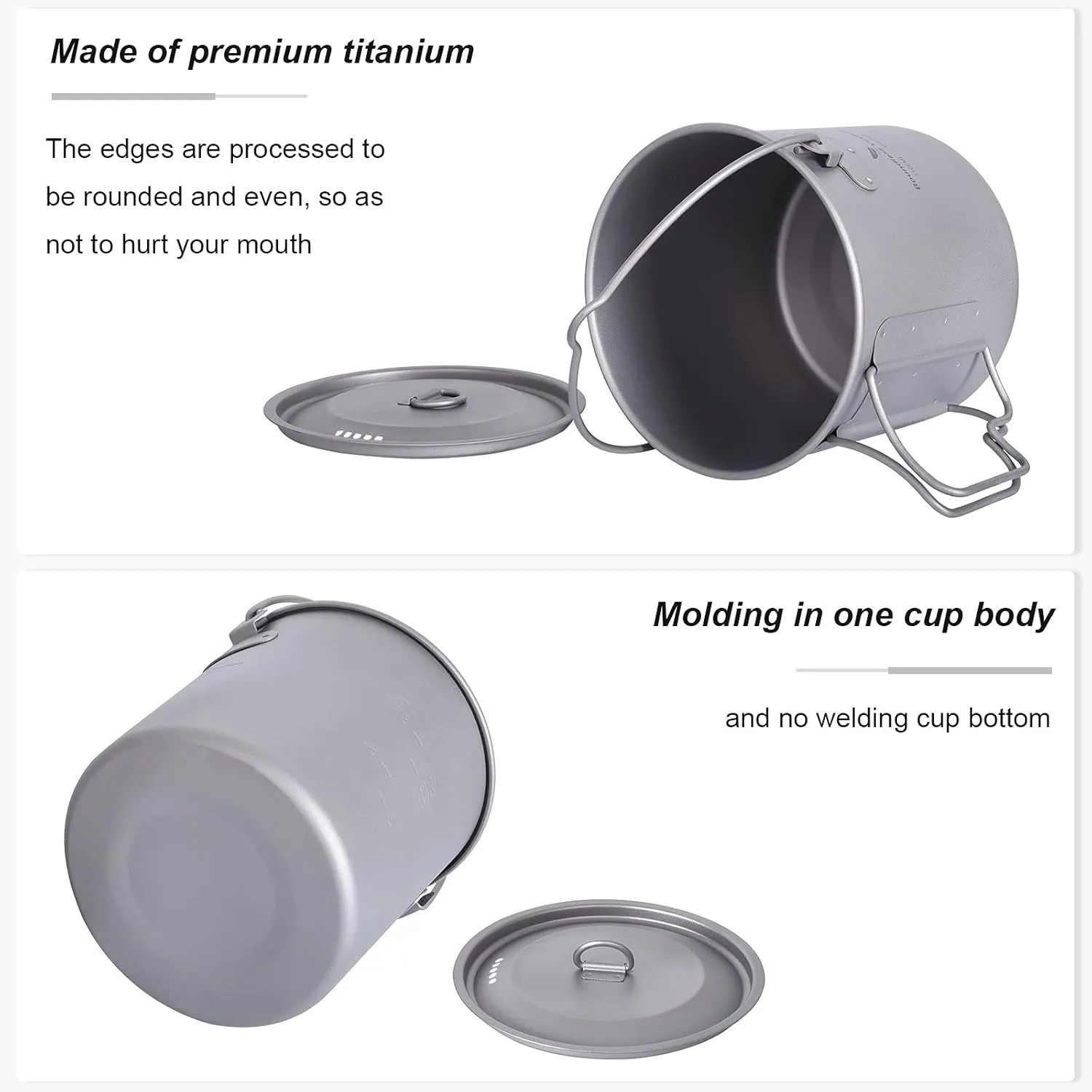 Outdoor 750ml - 2900ml Titanium Pot with Lid Folding Bail Handle Camping Hiking Picnic Ultralight Water Bottle Cup Mug Spork Set