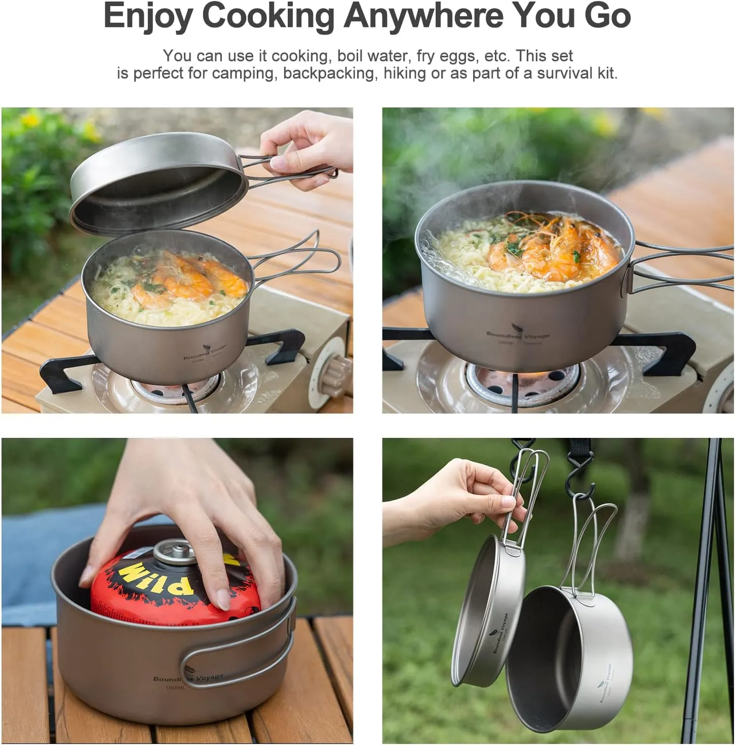 Outdoor 750ml - 2900ml Titanium Pot with Lid Folding Bail Handle Camping Hiking Picnic Ultralight Water Bottle Cup Mug Spork Set