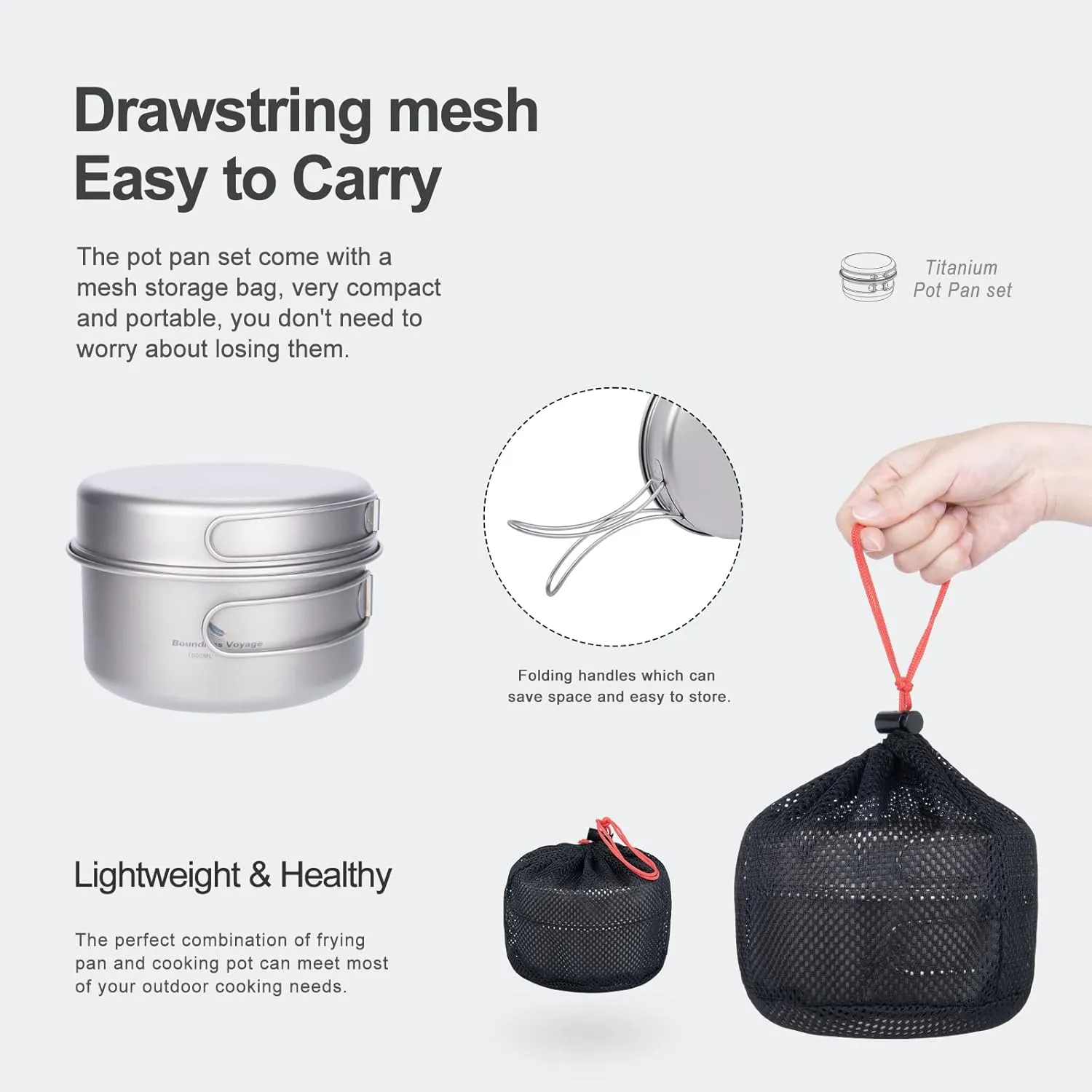 Outdoor 750ml - 2900ml Titanium Pot with Lid Folding Bail Handle Camping Hiking Picnic Ultralight Water Bottle Cup Mug Spork Set