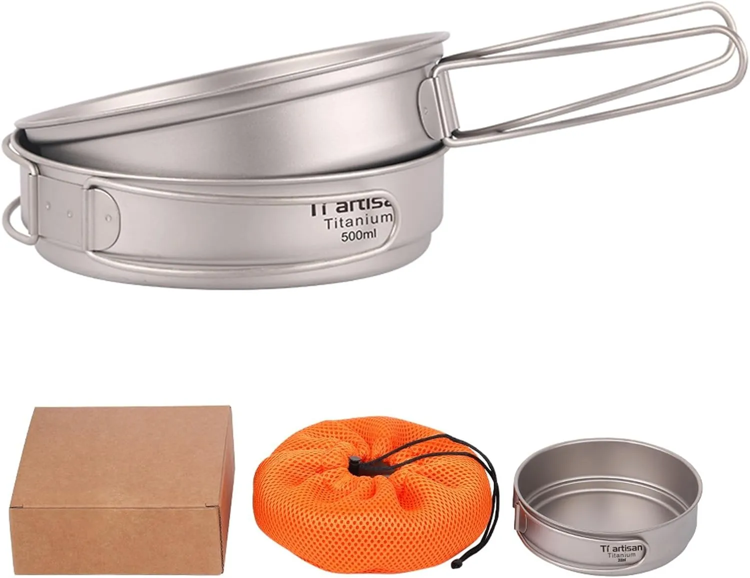 Outdoor Titanium Pot, Titanium Pot Pan Set, Lightweight Titanium Fry Pan, Outdoor Hiking Hiking Backpacking Cooking Pan, Foldable Handles For Space Saving(500ml 2)