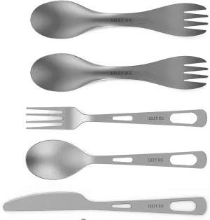 OUTXE Titanium Flatware Knife Fork Spoon Set Lightweight Ti Camping Utility Cutlery Set with Carrying Bag for Traveling Picnic Hiking