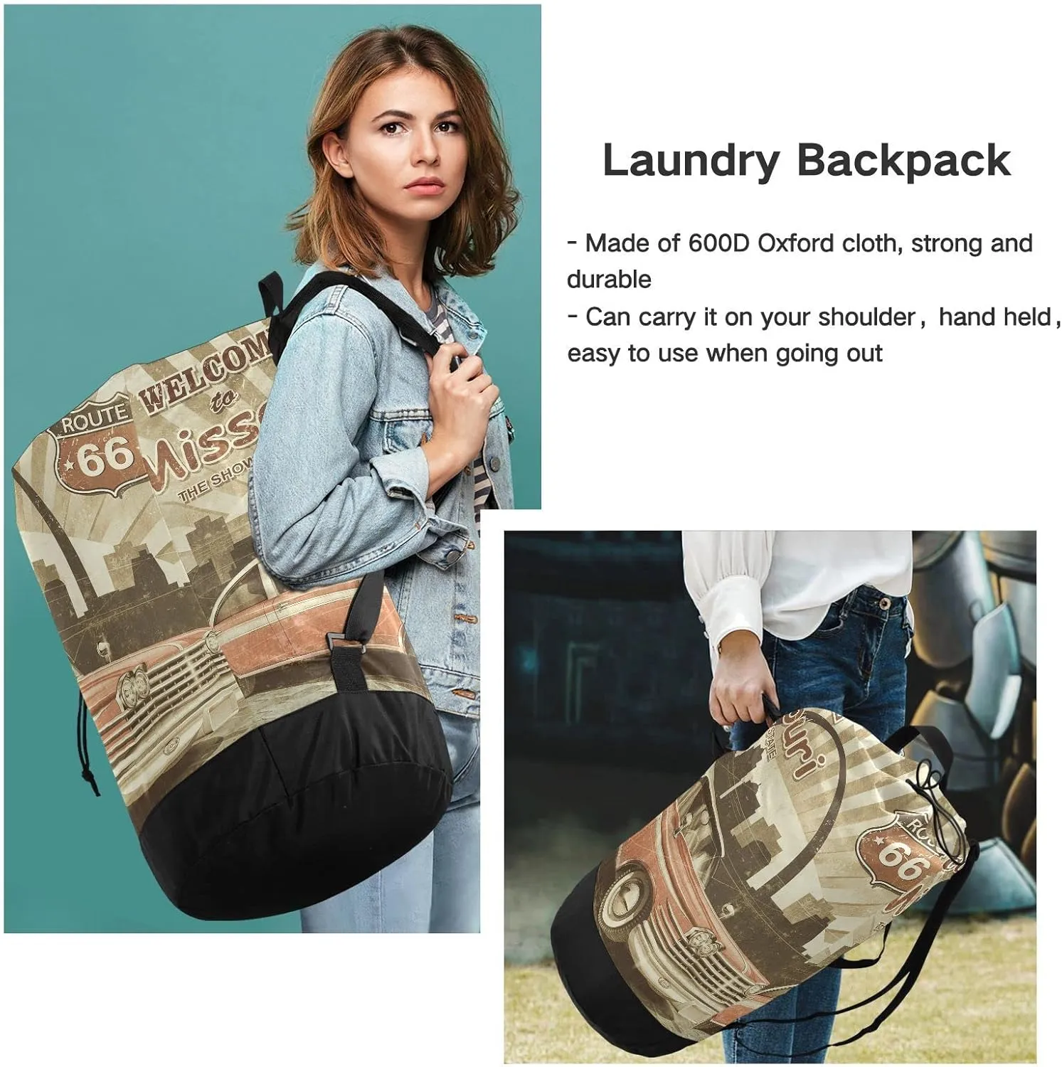 Oyihfvs Welcome Missouri Retro Poster Backpack Laundry Bag, Laundry Backpack with Shoulder Straps, Waterproof Nylon Clothes Hamper Bag for Men Women Yoga Backpack