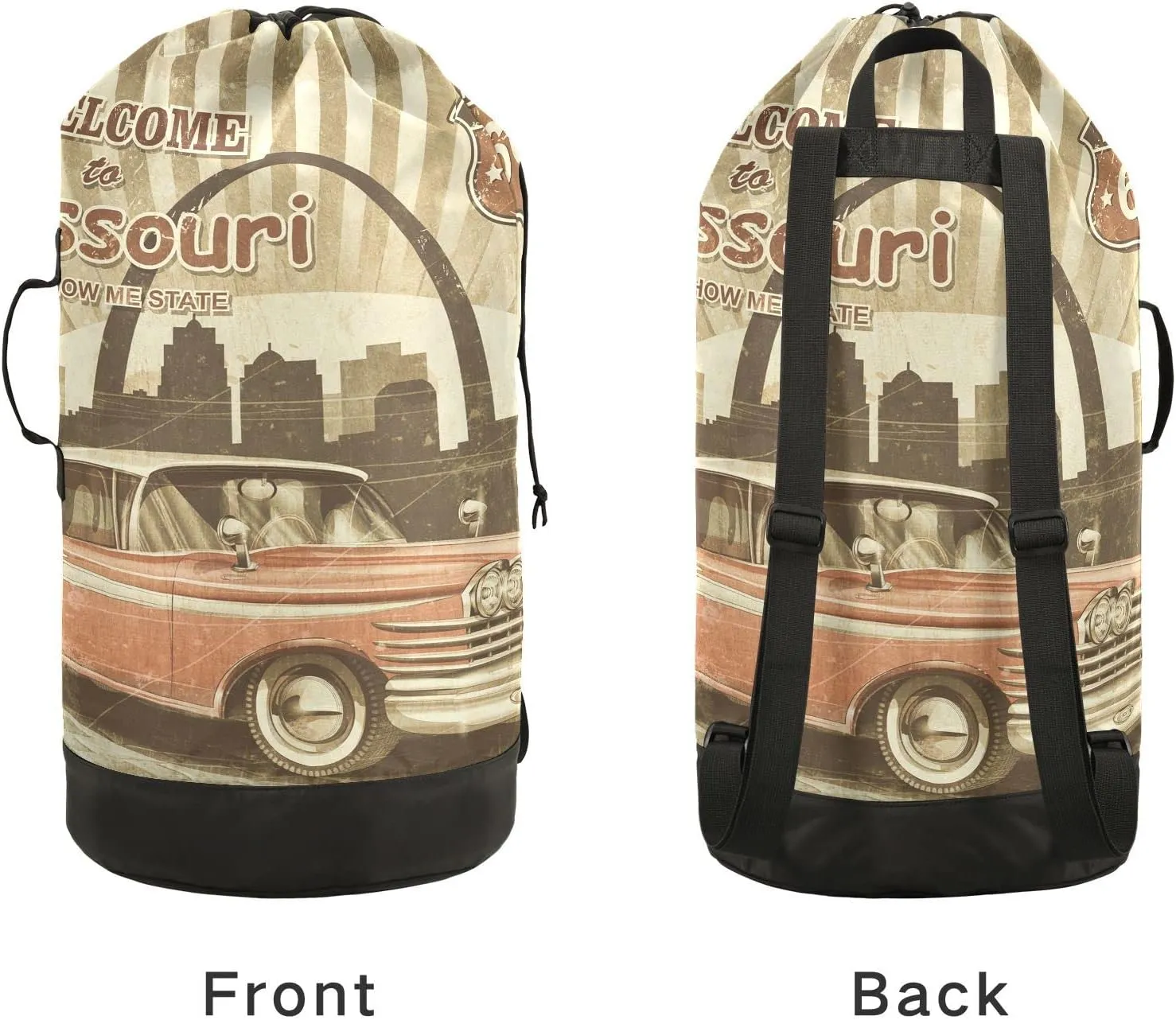 Oyihfvs Welcome Missouri Retro Poster Backpack Laundry Bag, Laundry Backpack with Shoulder Straps, Waterproof Nylon Clothes Hamper Bag for Men Women Yoga Backpack
