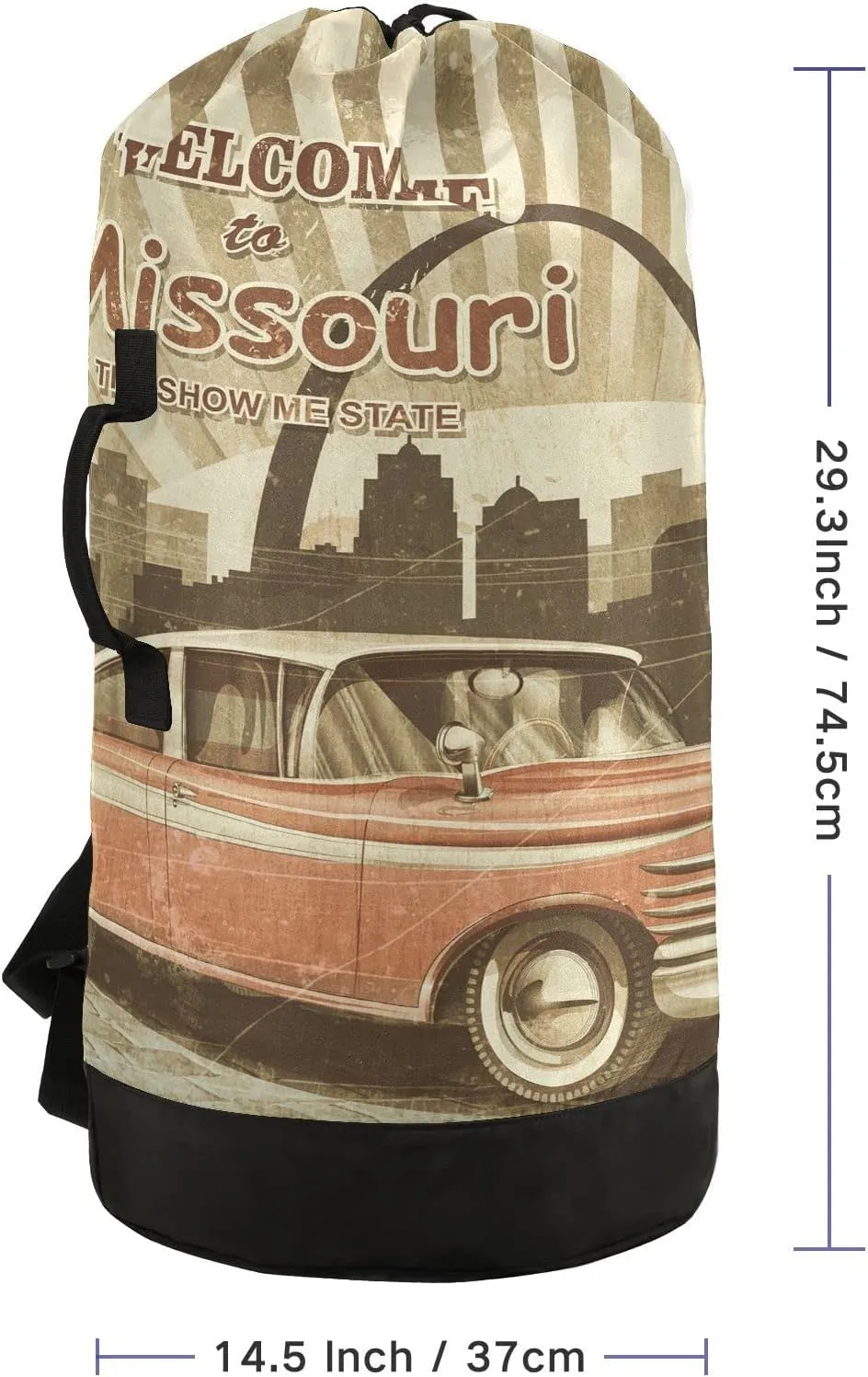 Oyihfvs Welcome Missouri Retro Poster Backpack Laundry Bag, Laundry Backpack with Shoulder Straps, Waterproof Nylon Clothes Hamper Bag for Men Women Yoga Backpack