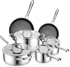 P&P CHEF 10 Pcs Pots and Pans Sets, Stainless Steel Cookware Set of 6 for Kitchen, Induction Cooking Pot & Saucepans with Glass Lids, Nonstick Frying Pans & Saute Pan