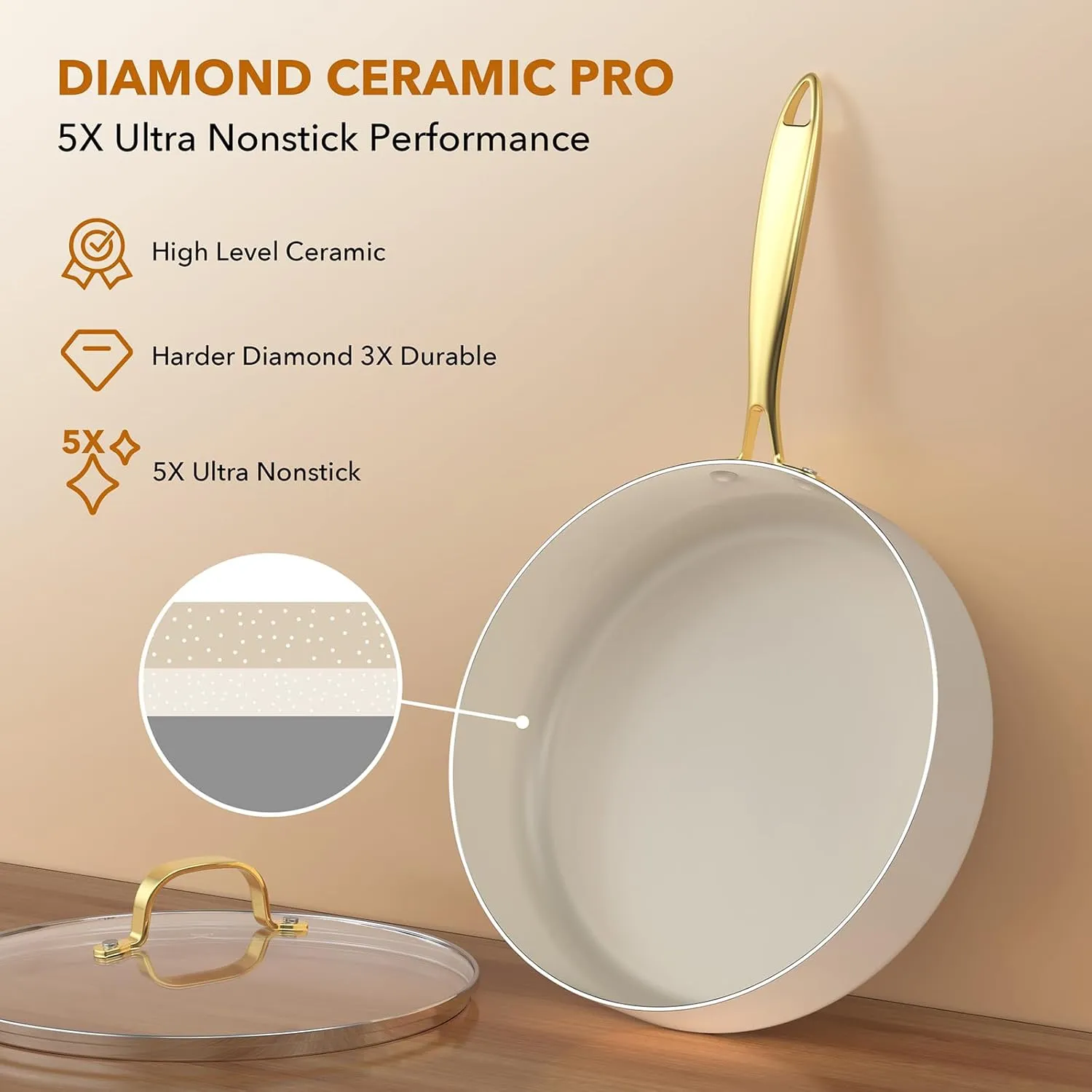 PekGema Ceramic Cookware Set 15-Pieces, Pots and Pans Set Non Stick, Oven Safe Non Toxic, Kitchen Cookware Set, PFOA PTFE FREE, Gold White