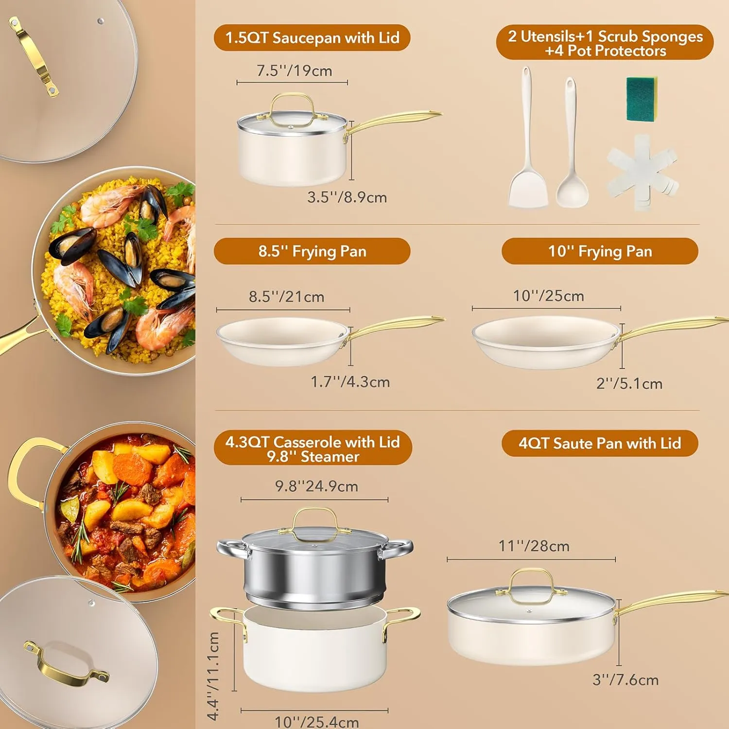 PekGema Ceramic Cookware Set 15-Pieces, Pots and Pans Set Non Stick, Oven Safe Non Toxic, Kitchen Cookware Set, PFOA PTFE FREE, Gold White