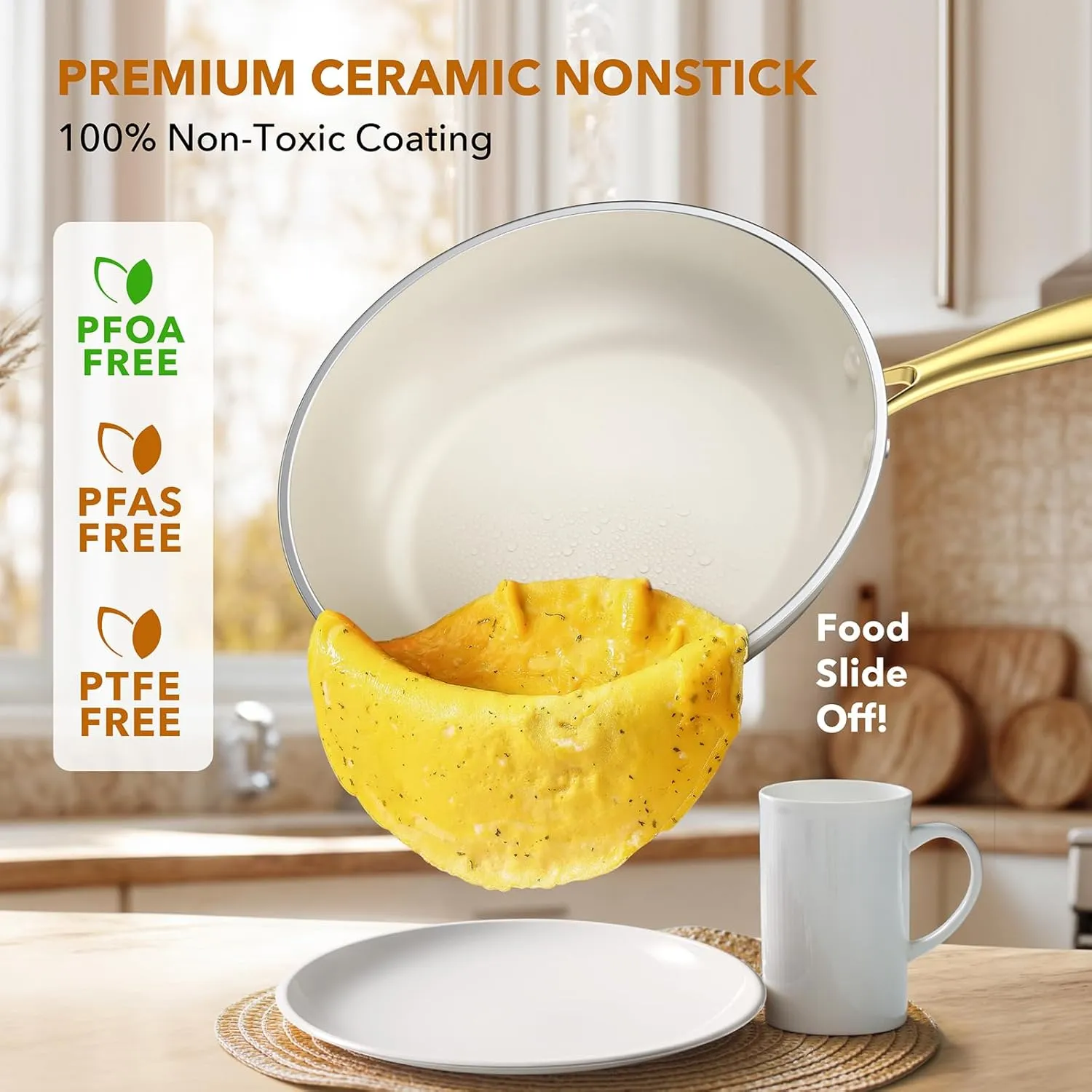PekGema Ceramic Cookware Set 15-Pieces, Pots and Pans Set Non Stick, Oven Safe Non Toxic, Kitchen Cookware Set, PFOA PTFE FREE, Gold White