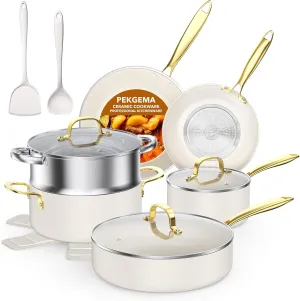 PekGema Ceramic Cookware Set 15-Pieces, Pots and Pans Set Non Stick, Oven Safe Non Toxic, Kitchen Cookware Set, PFOA PTFE FREE, Gold White