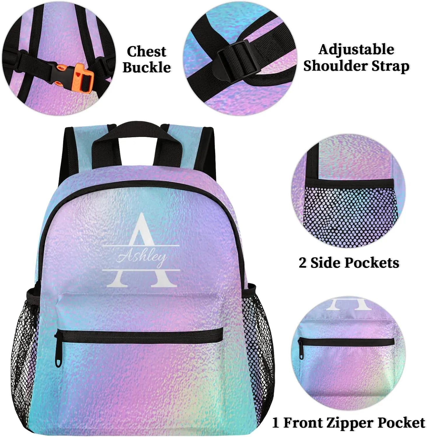 Personalized Backpack with Initial & Name Customized Shoulder Bag for Women Waterproof Travel Casual Daypack Gifts 12in, Gradient Blue Purple