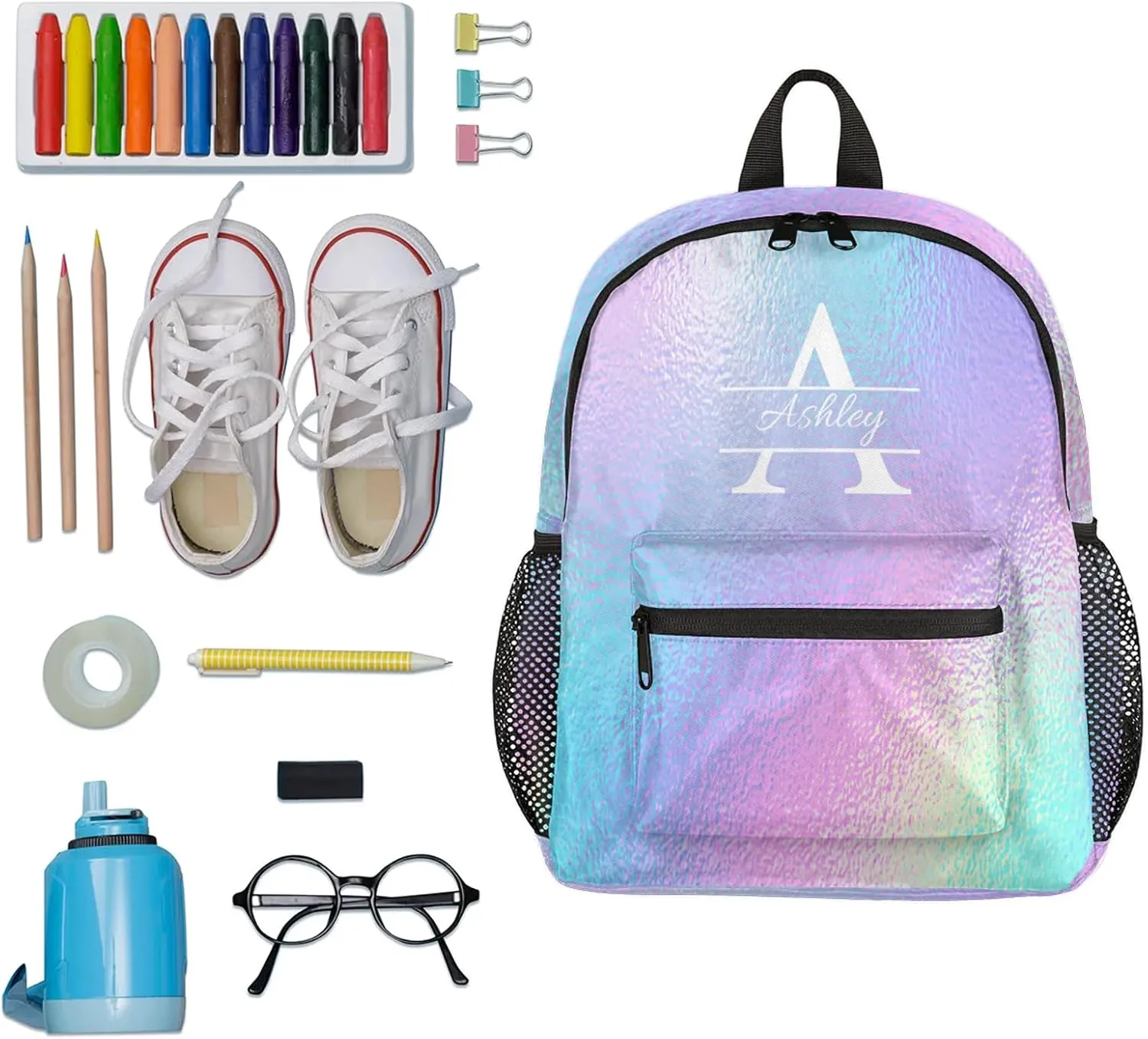 Personalized Backpack with Initial & Name Customized Shoulder Bag for Women Waterproof Travel Casual Daypack Gifts 12in, Gradient Blue Purple