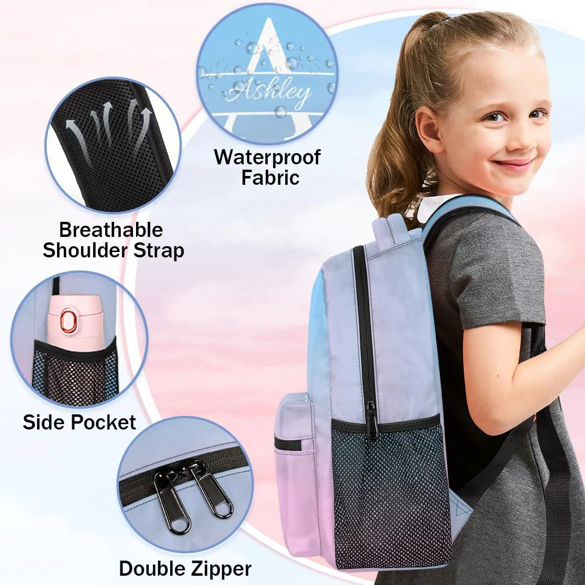 Personalized Backpack with Initial & Name Customized Shoulder Bag for Women Waterproof Travel Casual Daypack Gifts 16in, Sky Blue Pink
