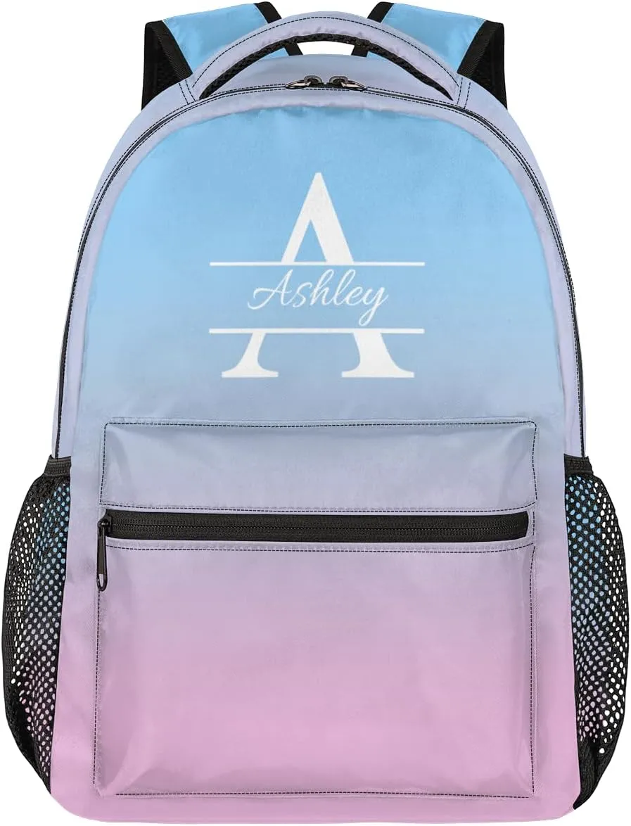 Personalized Backpack with Initial & Name Customized Shoulder Bag for Women Waterproof Travel Casual Daypack Gifts 16in, Sky Blue Pink