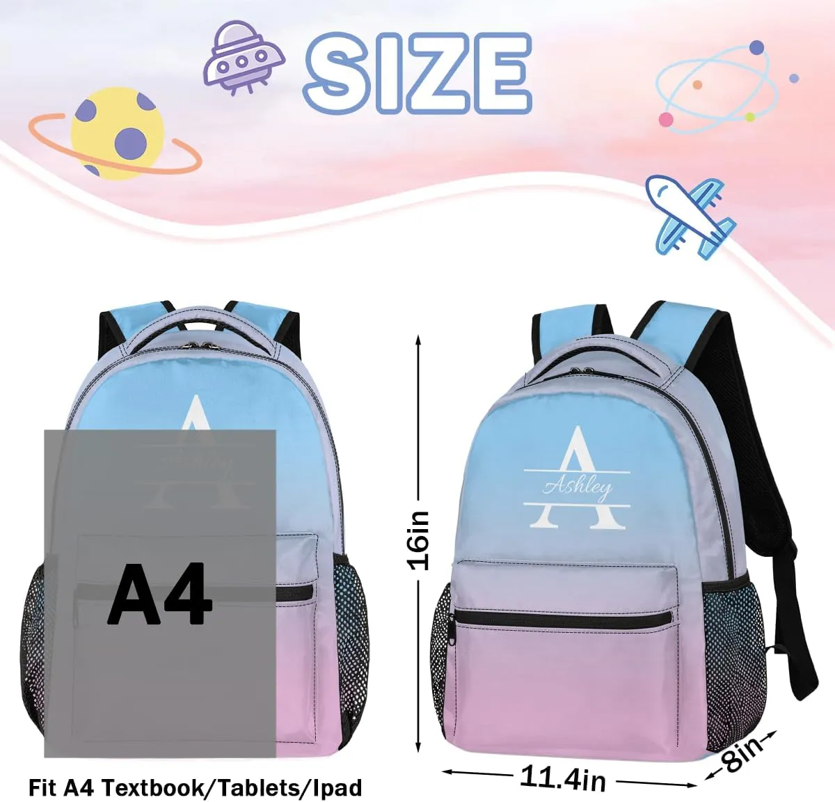 Personalized Backpack with Initial & Name Customized Shoulder Bag for Women Waterproof Travel Casual Daypack Gifts 16in, Sky Blue Pink