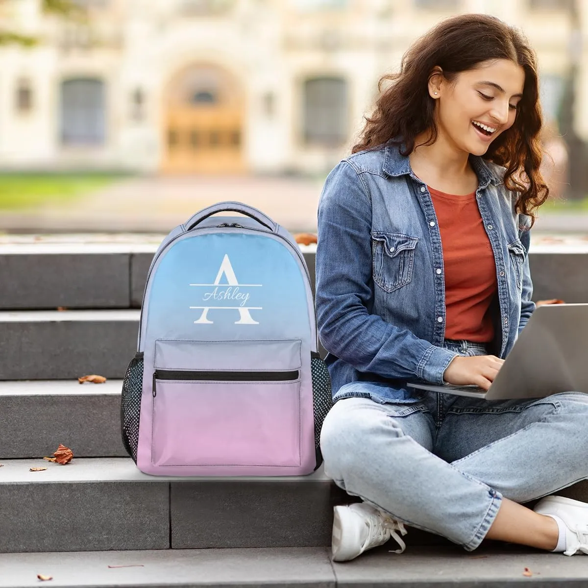 Personalized Backpack with Initial & Name Customized Shoulder Bag for Women Waterproof Travel Casual Daypack Gifts 16in, Sky Blue Pink