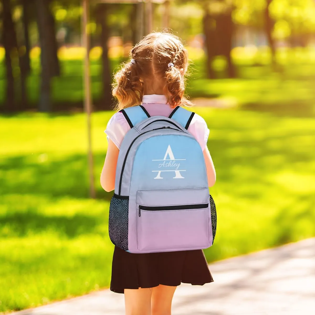 Personalized Backpack with Initial & Name Customized Shoulder Bag for Women Waterproof Travel Casual Daypack Gifts 16in, Sky Blue Pink