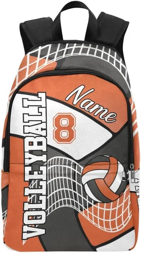 Personalized Volleyball in Black Orange and White Backpack with Name Custom Travel Daypack Bag for Man Woman Gifts