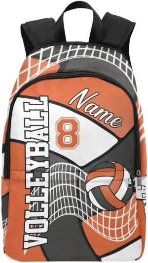 Personalized Volleyball in Black Orange and White Backpack with Name Custom Travel Daypack Bag for Man Woman Gifts