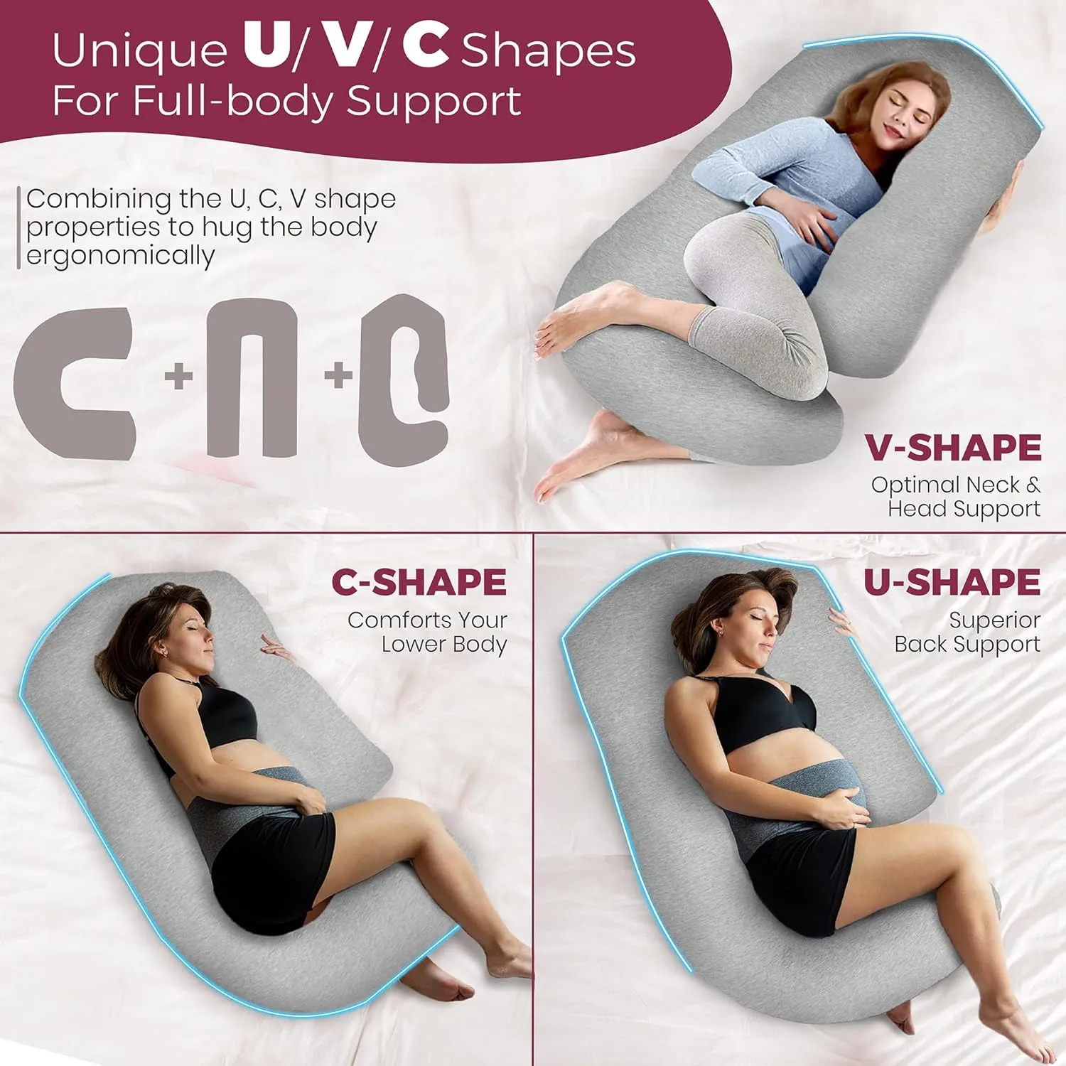 PILLANI Pregnancy Pillows for Sleeping V C U Shaped - Pregnancy Must Haves Multipurpose Maternity Pillow - 57-inch Cooling Full Body Pillow with Removable Cover