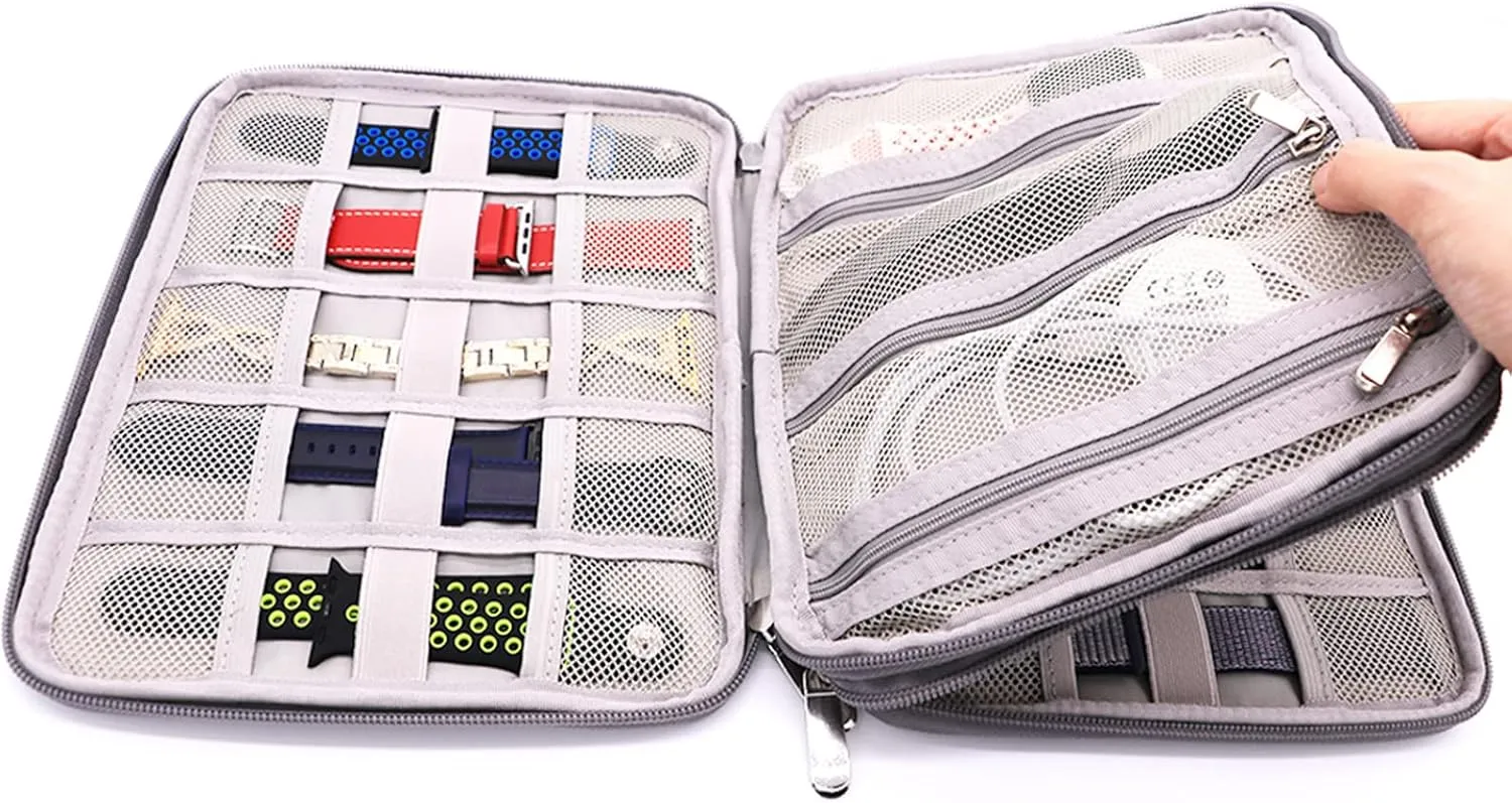 PINHEN Watch Bands Storage Bag,Nylon Watch Band Organizer Bag Carrying Case Travel Watch Straps Carrying Bag Pouch for iWatch Bands, Watch Band Pin, Cable(Gray, Double Layer-L)